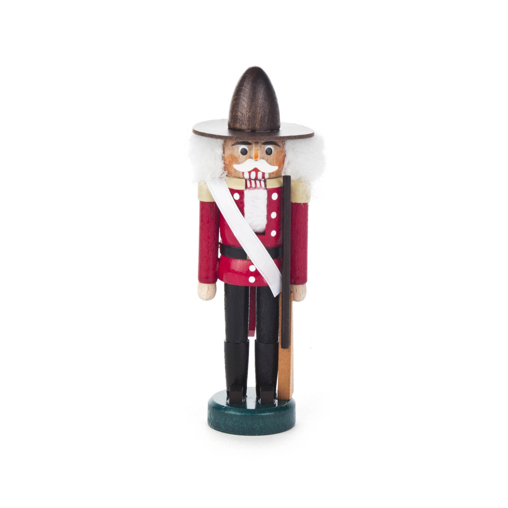 A Canadian-style nutcracker soldier in a red and black uniform with a tall hat and white sash, holding a rifle, stands upright. im Dregeno Online Shop günstig kaufen