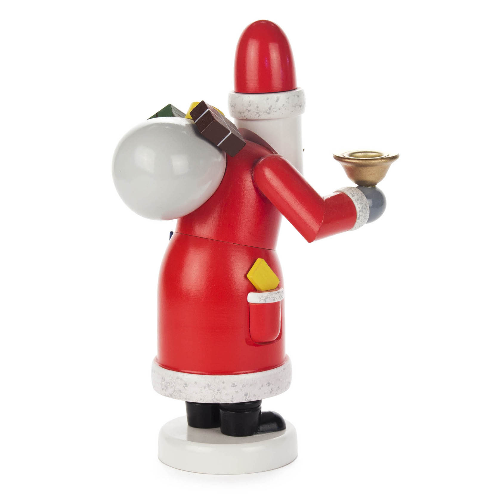 Ein hölzerner Räuchermann in Form eines Weihnachtsmannes, rot gekleidet, mit einem Kerzenhalter in der Hand, geeignet für Kerzen mit 14mm Durchmesser.