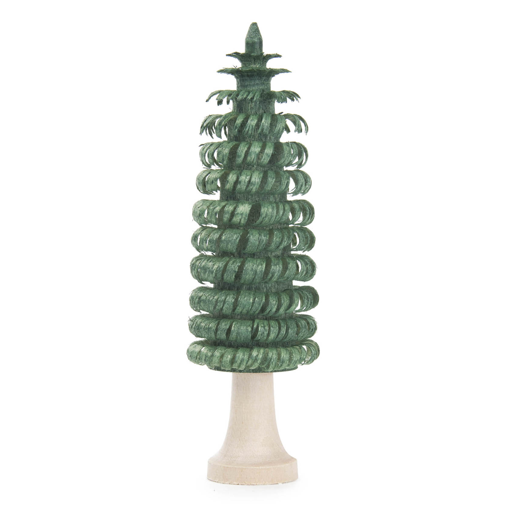 Ein kleiner, grüner Spiralbaum aus Holz mit hellbraunem Stamm, 9 cm hoch, dekoratives Design. im Dregeno Online Shop günstig kaufen