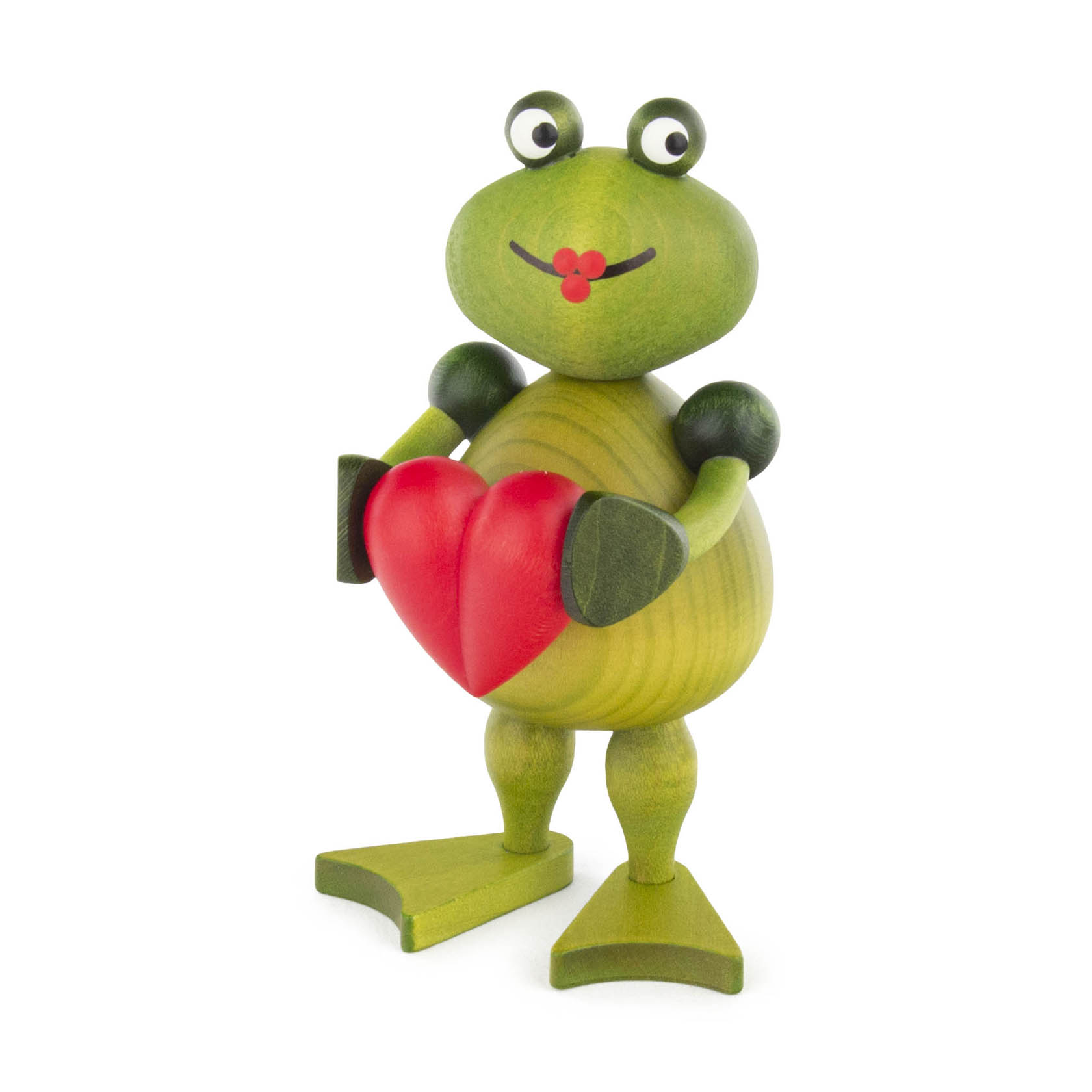 Eine Holzfigur eines Frosches namens Frederike, die ein rotes Herz in den Händen hält. Der Frosch hat eine grüne Farbe und ein freundliches Lächeln. im Dregeno Online Shop günstig kaufen