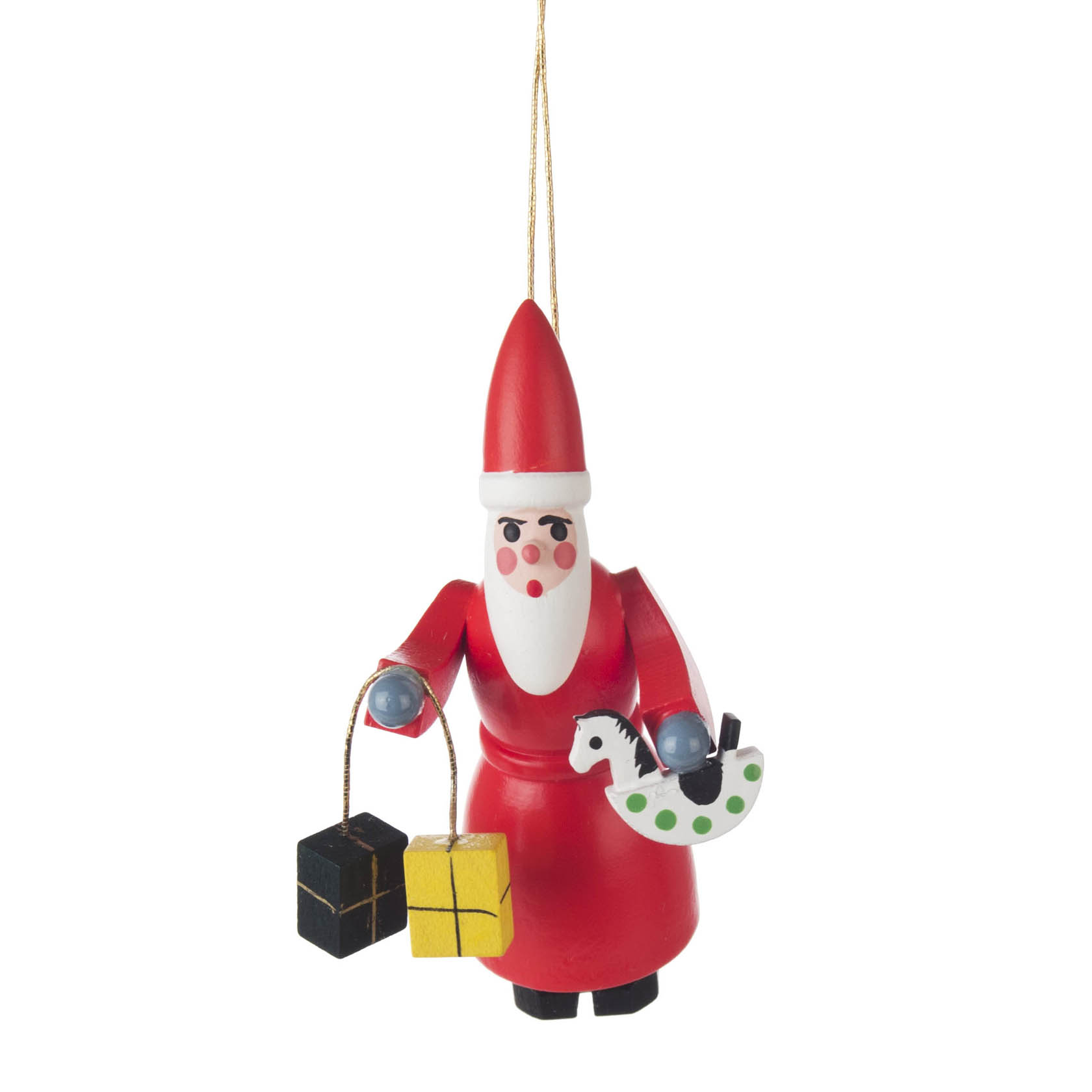 Holzfigur eines Weihnachtsmanns in Rot mit Bart, hält zwei Geschenke und ein Schaukeltier in den Händen. Figur ist als Baumschmuck aufgehängt. im Dregeno Online Shop günstig kaufen