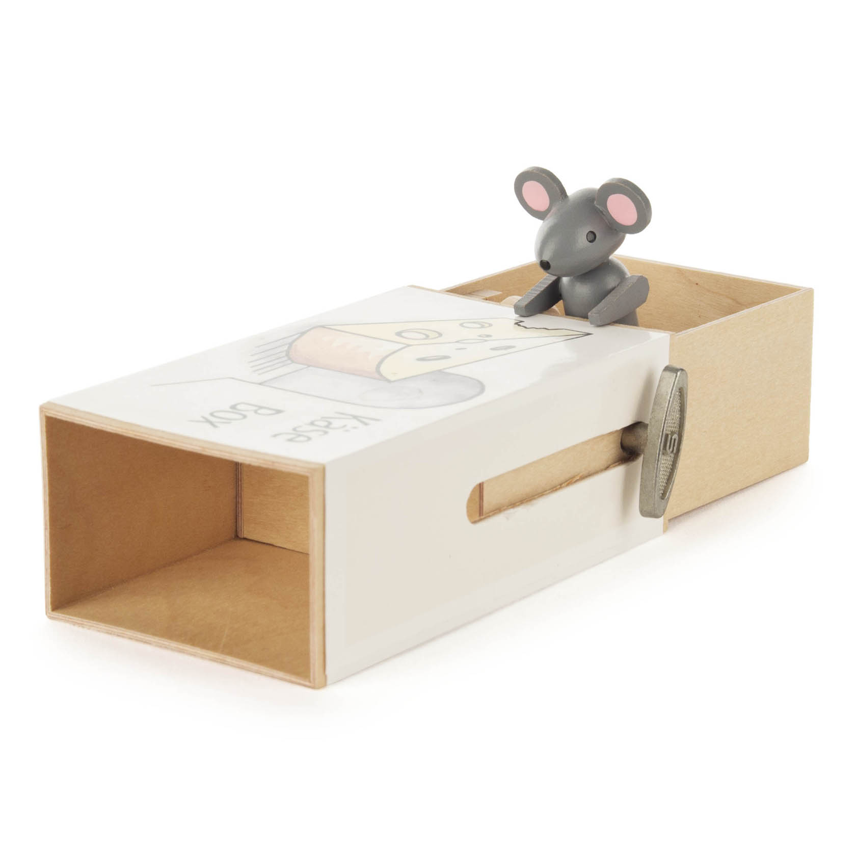 Sliding wooden box labeled 'Cheese Box' with a grey mouse figure peeking out, playing 'Small World' melody.