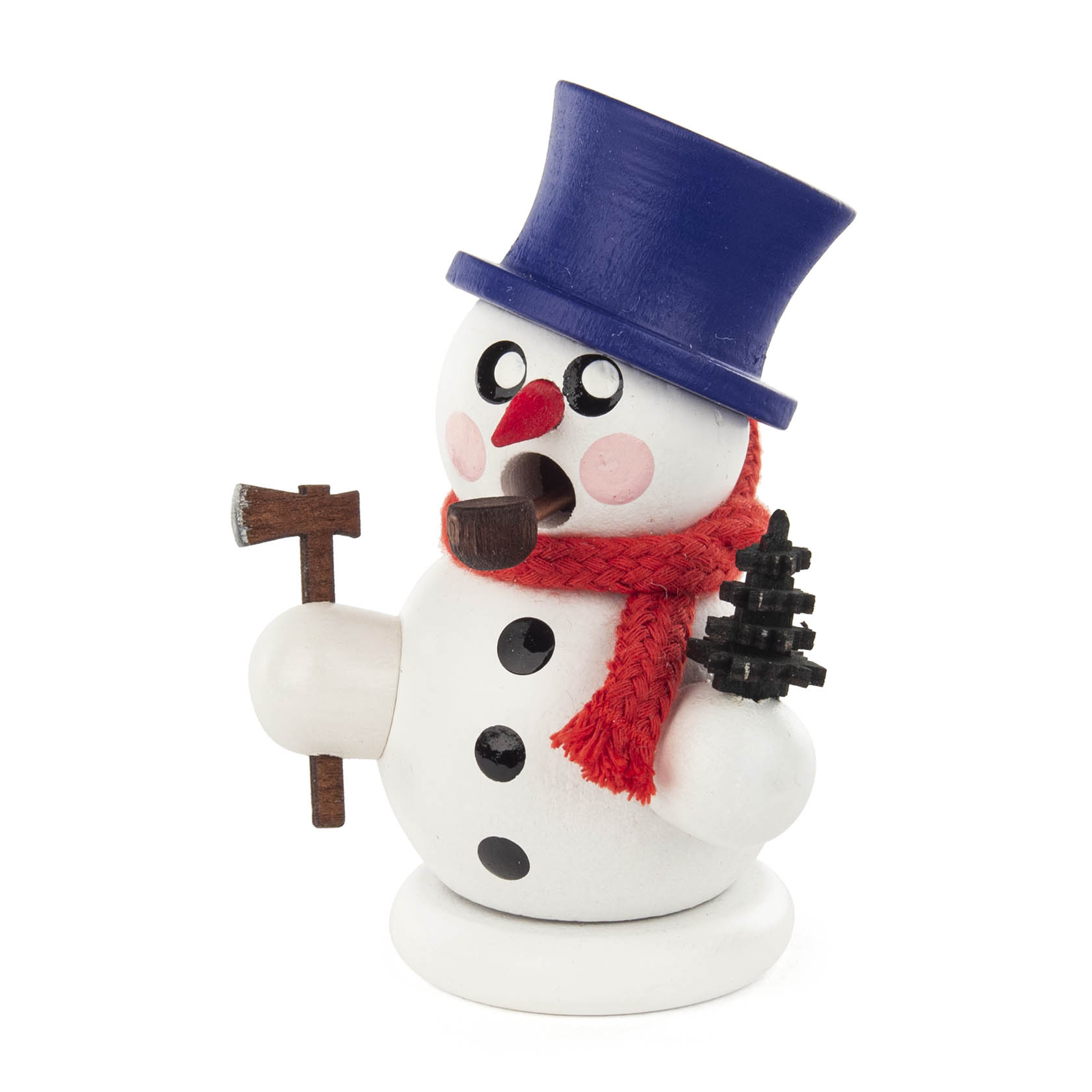 Kleiner Schneemann-Räuchermann mit blauem Zylinder und rotem Schal, hält einen kleinen Baum und eine Pfeife. im Dregeno Online Shop günstig kaufen