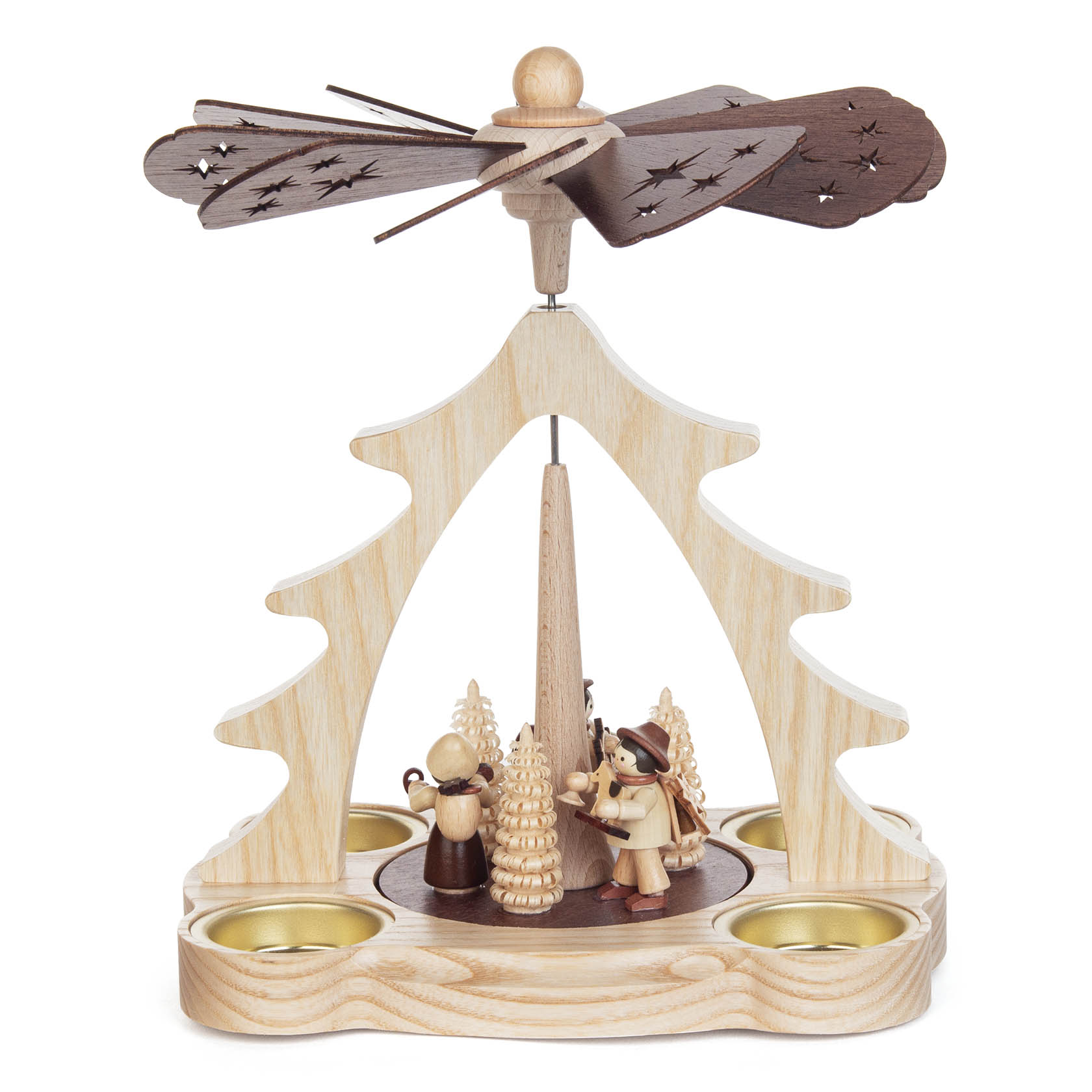 Wooden Christmas pyramid featuring two carved figures with trees and a large fan on top, sitting on a candle holder base. im Dregeno Online Shop günstig kaufen