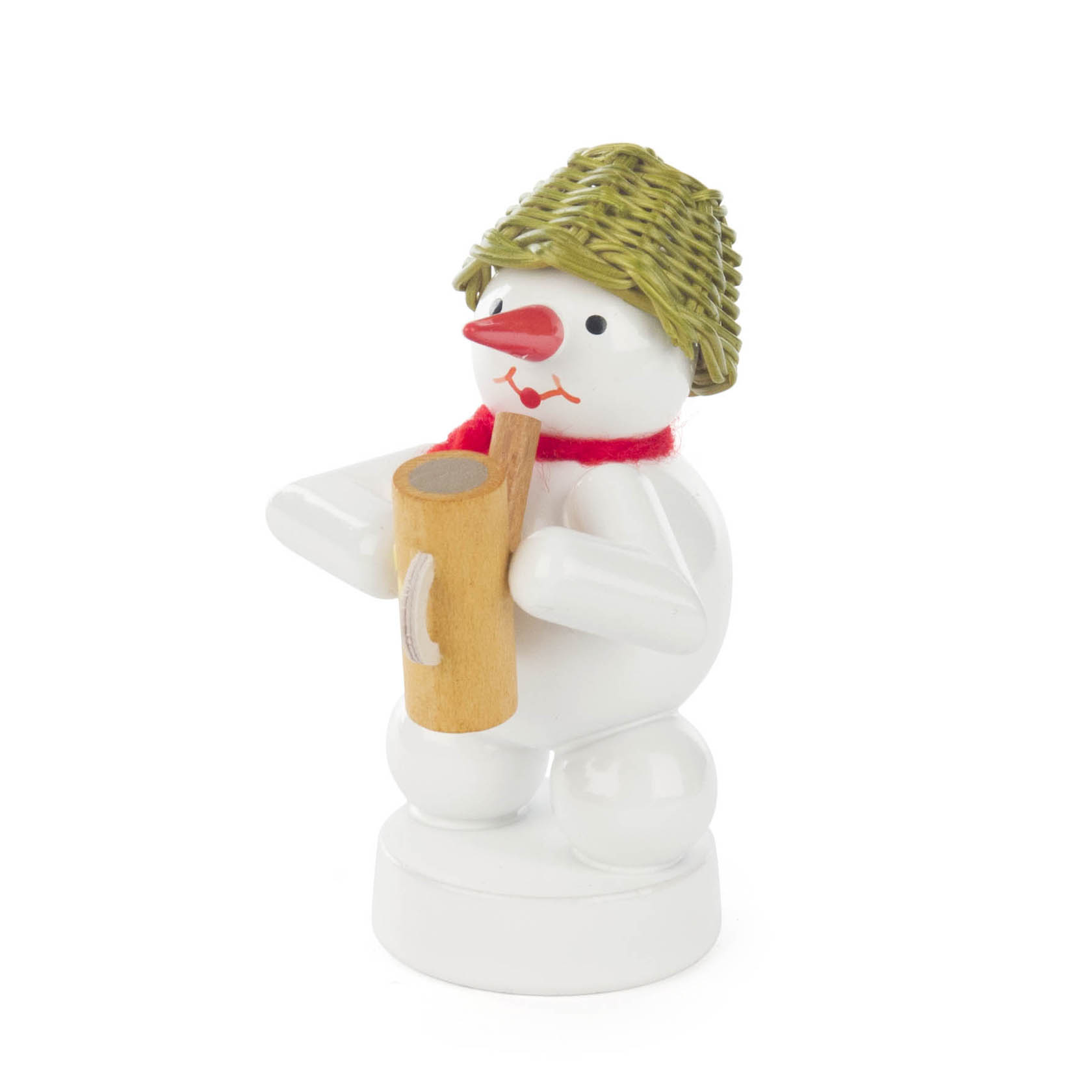 Kleiner Schneemann aus Holz mit rotem Schal und grünem Strohhut, der eine Holzgießkanne hält. im Dregeno Online Shop günstig kaufen