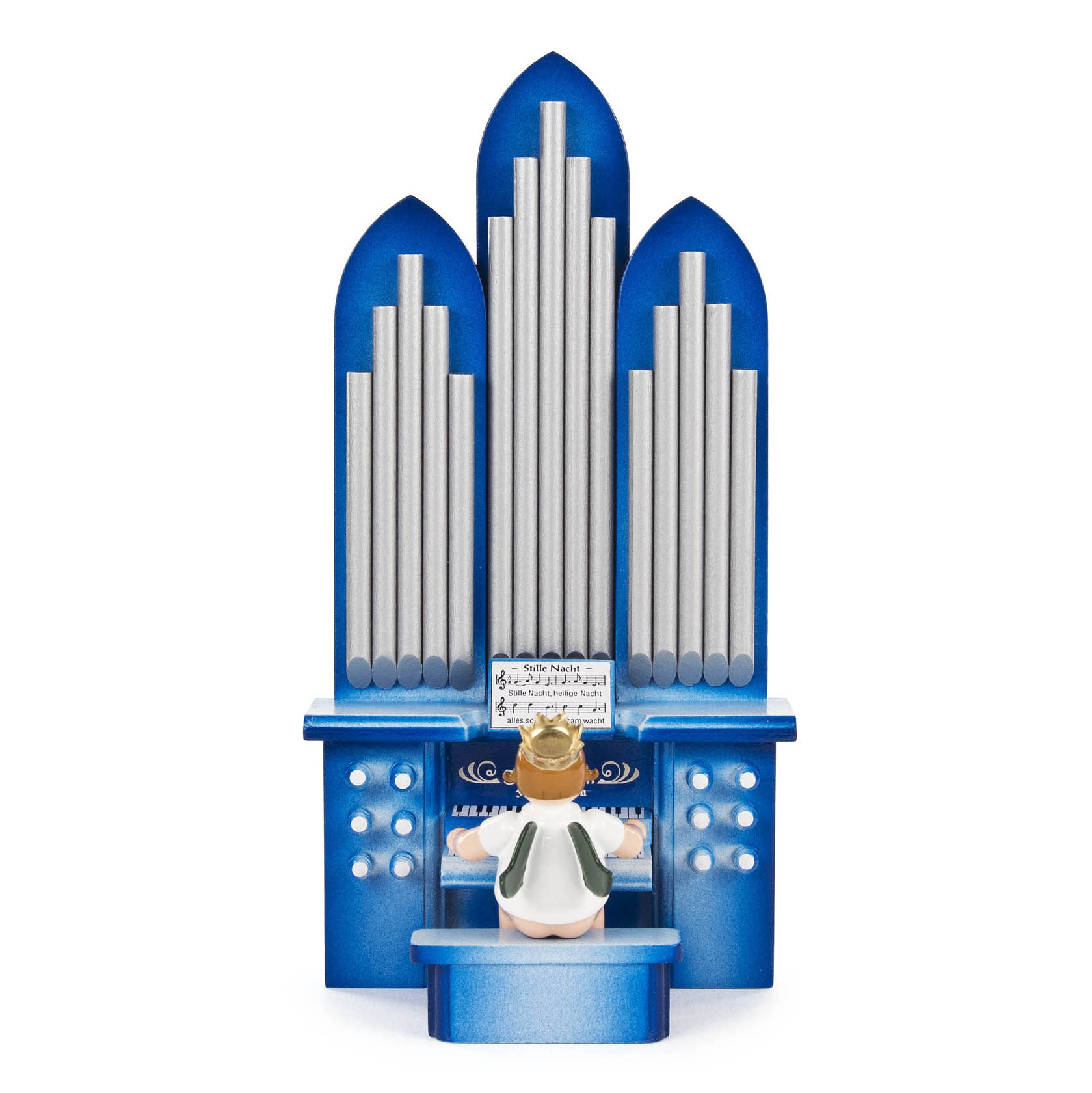 Ein Engel sitzt auf einem blauen Hocker vor einer blauen Orgel und trägt eine Krone. Die Orgel hat drei hohe Pfeifen und ist mit silbernen Details verziert. im Dregeno Online Shop günstig kaufen