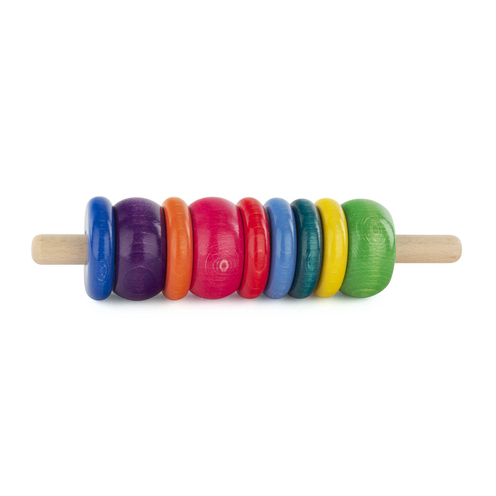 Ein Zehnerstab-Spielzeug aus Holz mit bunten Ringen in Regenbogenfarben auf einem Holzstab.