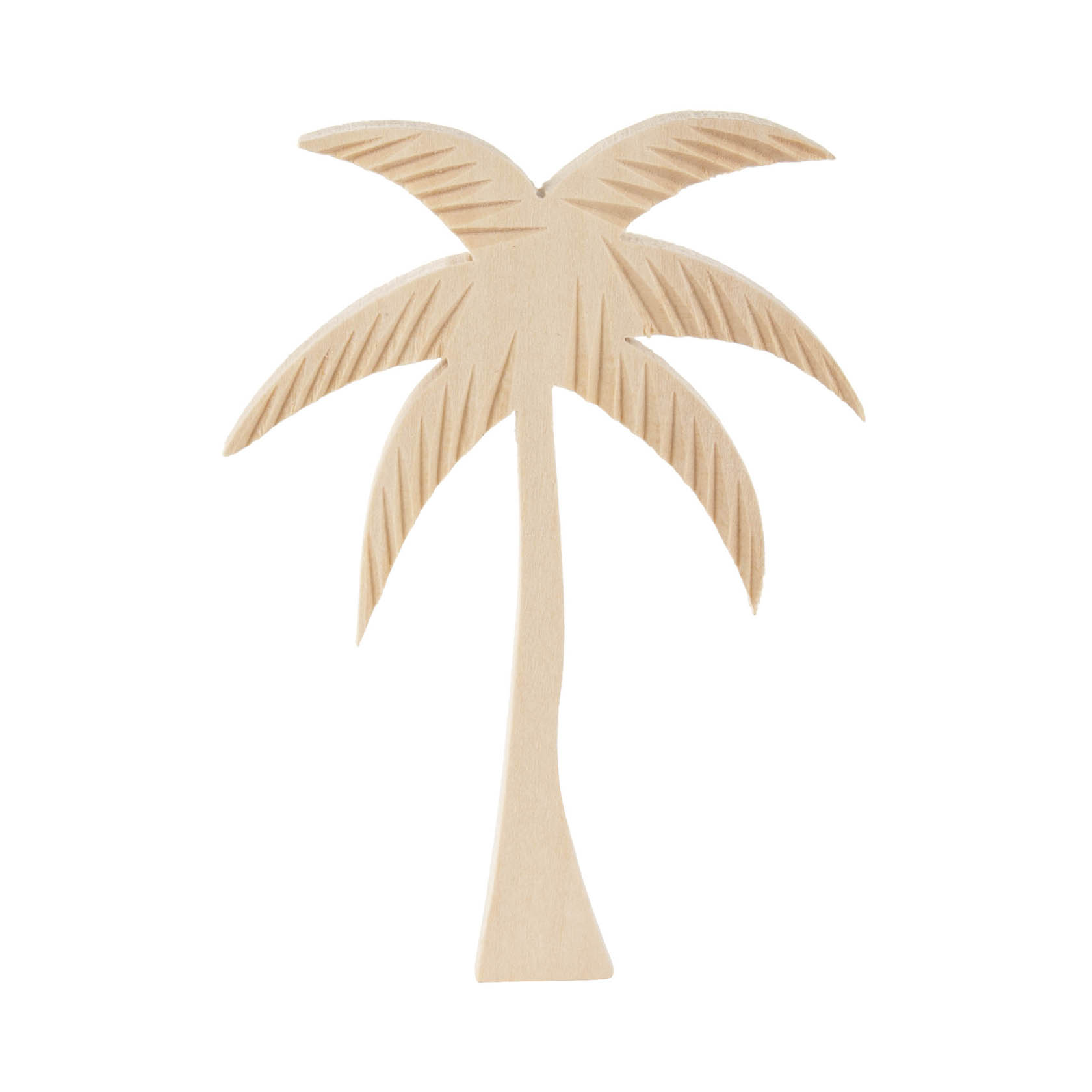 Kleine, geschnitzte Holzpalme mit sieben langen Blättern, die alle von einem schmalen Stamm ausgehen. im Dregeno Online Shop günstig kaufen