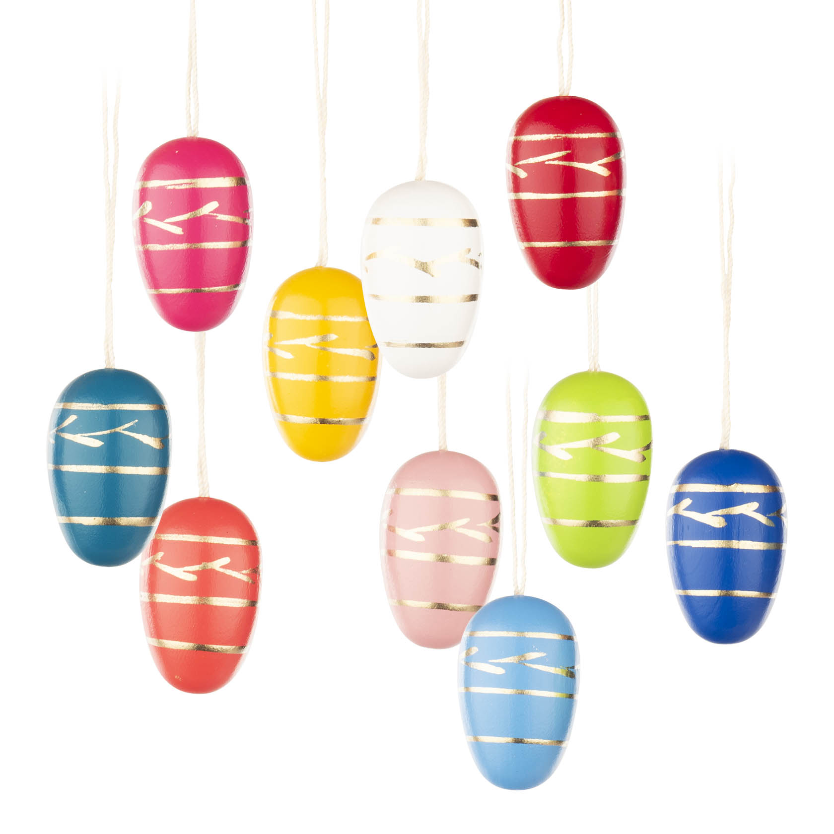 Zehn farbige Ostereier hängen an Fäden, sortiert in verschiedenen Farben wie Rot, Weiß, Gelb, Grün, Blau, Pink und Orange. Alle Eier haben goldene Streifen. im Dregeno Online Shop günstig kaufen