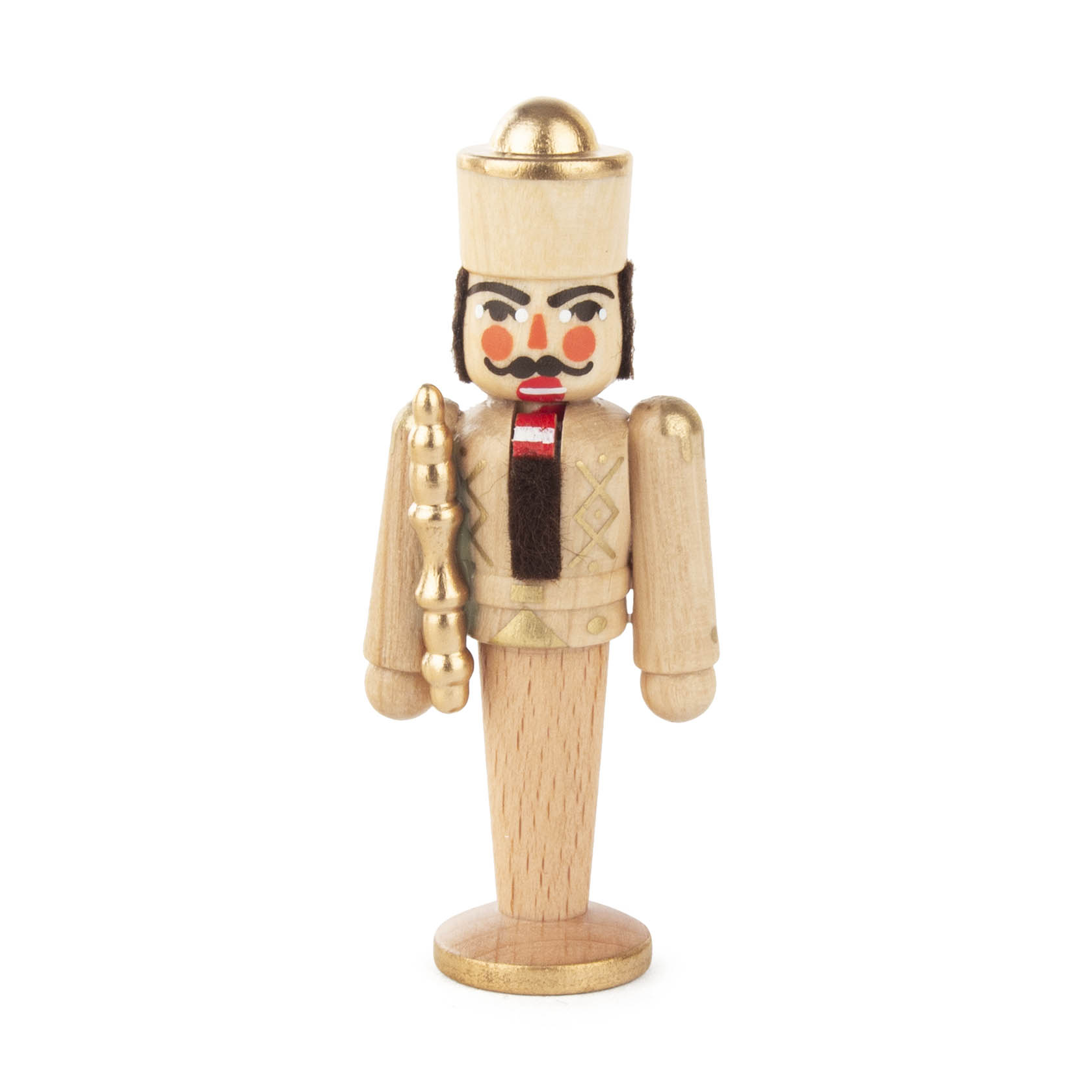 Kleiner Nussknacker in Form eines Königs aus Holz, naturbelassen, mit rotem Mund und schwarzem Bart, trägt einen Stab in der rechten Hand. im Dregeno Online Shop günstig kaufen