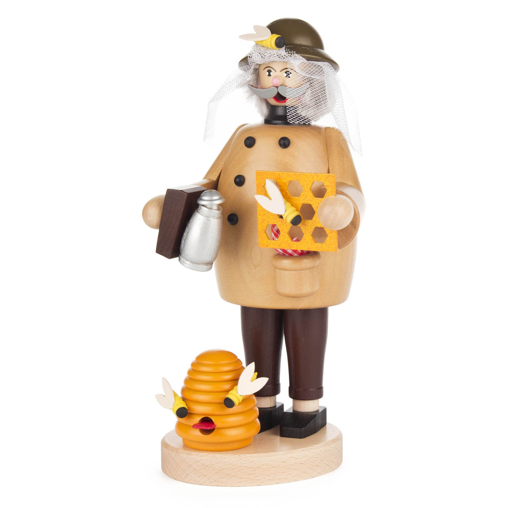 Holzfigur eines Imkers mit Netz an Hut, hält ein Buch und eine Wabe, daneben kleiner gelb-orangefarbener Bienenstock. im Dregeno Online Shop günstig kaufen