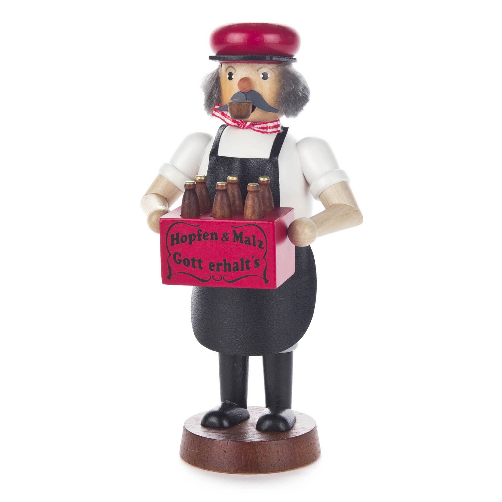 Handgefertigter Räuchermann in Gestalt eines Braumeisters, der einen Bierkasten mit der Aufschrift 'Hopfen & Malz Gott erhalt's' trägt. im Dregeno Online Shop günstig kaufen