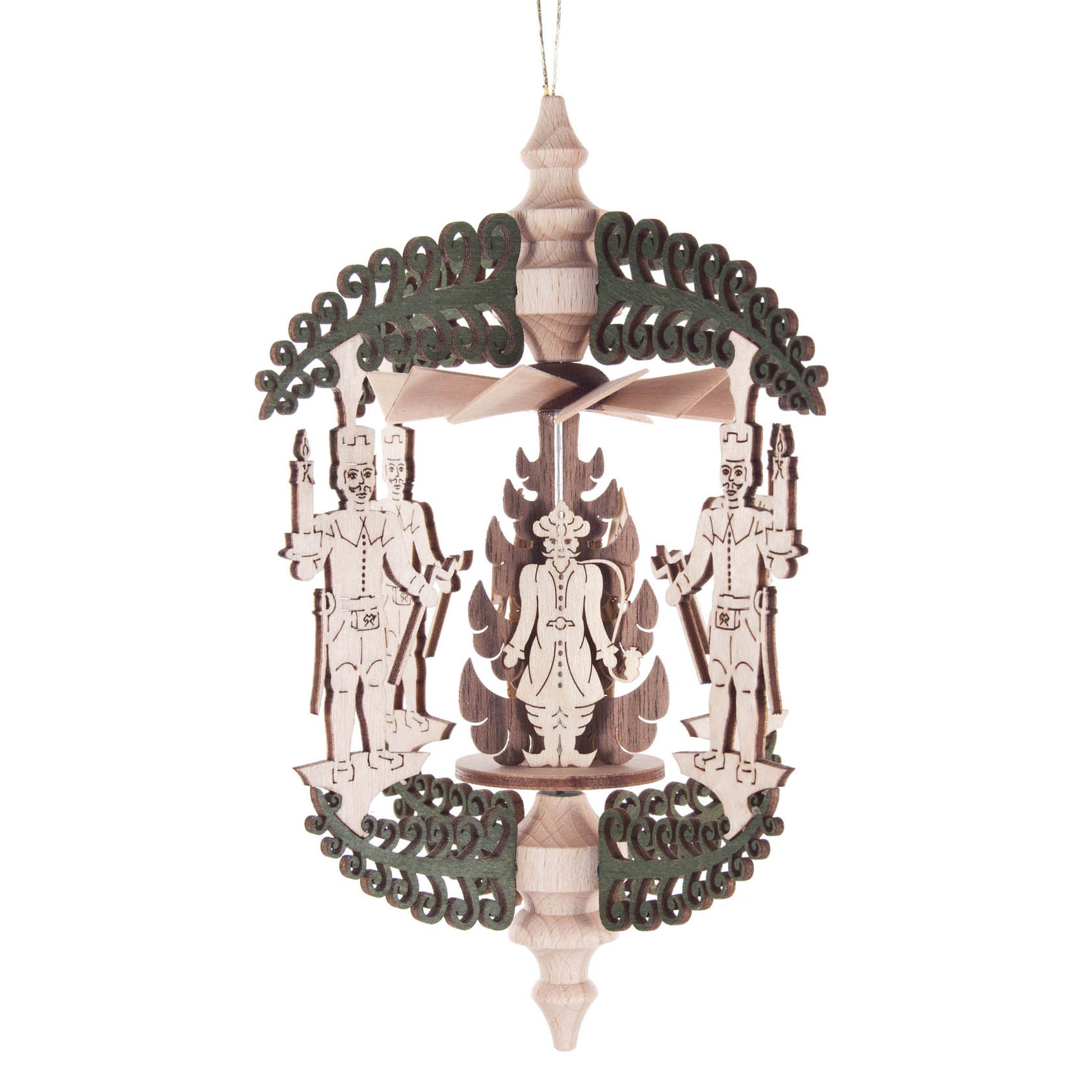 Hölzerner Rollbaum zum Hängen mit detaillierten Figuren von Bergmann, Engel und Räuchermann, umgeben von geschnitzten Ornamenten.