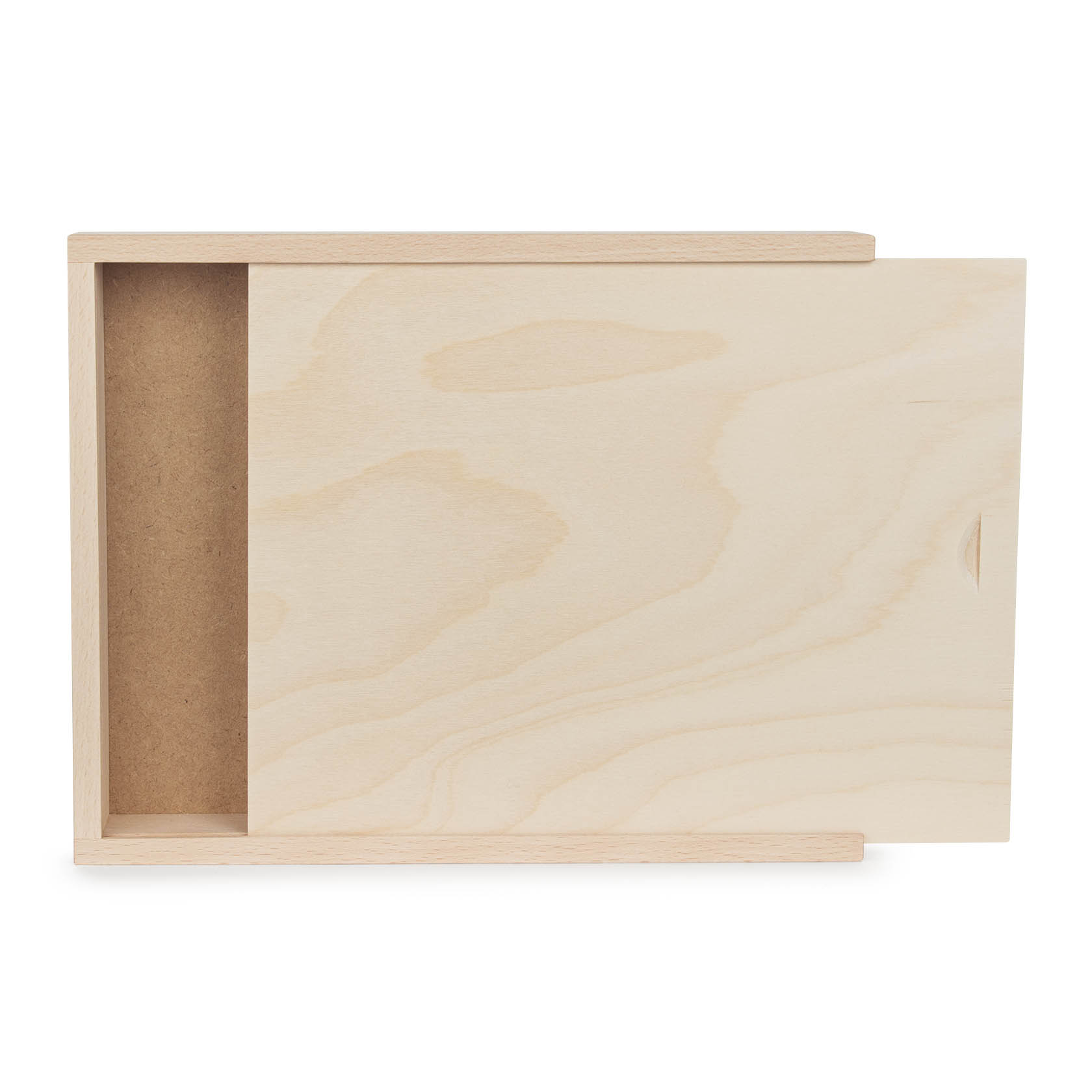 Ein rechteckiger Holzkasten mit Schiebedeckel, teilweise geöffnet, helles Holz mit sichtbarer Holzmaserung.