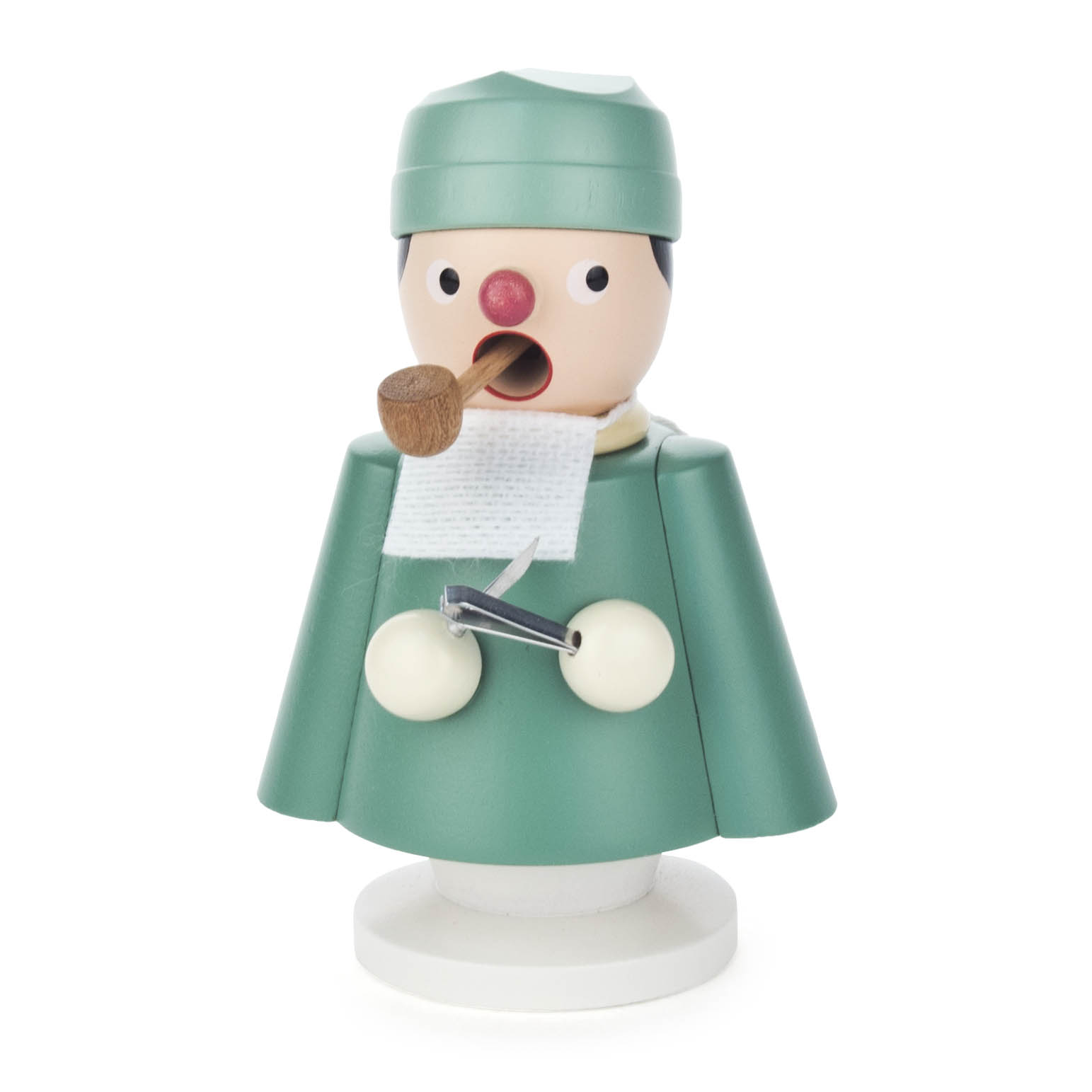 Handcrafted wooden figurine of a surgeon with green scrubs, a red nose, holding a pipe with smoke rising, symbolizing a smoker toy. im Dregeno Online Shop günstig kaufen