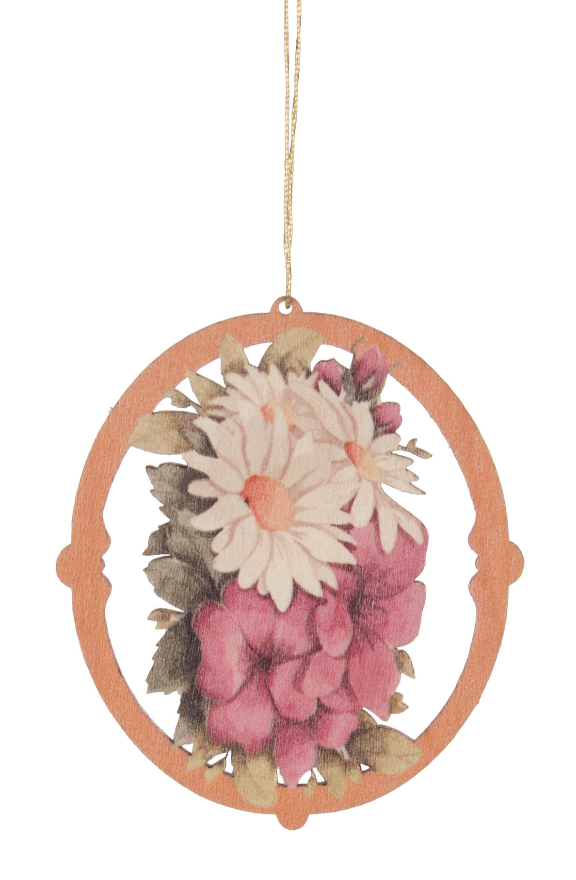 Holzanhänger in Kreisform mit dekorativer Darstellung von Margeriten und pinken Hortensienblüten, aufgehängt an einer dünnen Schnur. im Dregeno Online Shop günstig kaufen
