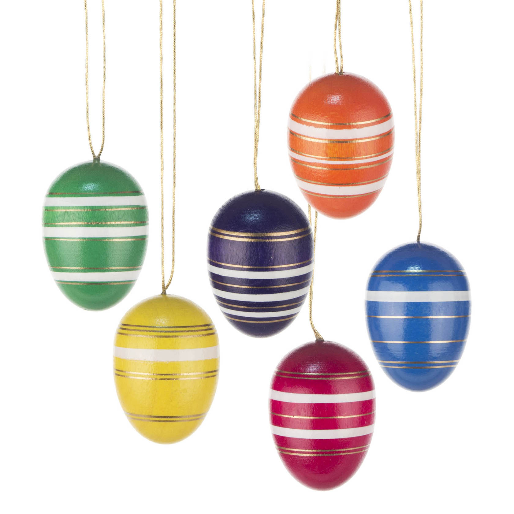 Sechs hängende Ostereier in verschiedenen Farben (grün, gelb, orange, blau und zwei in unterschiedlichen Rottönen), alle mit weißen und goldenen Streifen verziert. im Dregeno Online Shop günstig kaufen