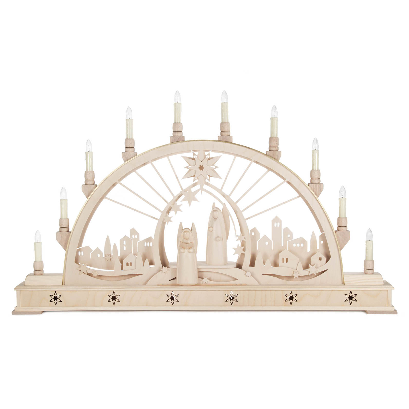 Wooden arch-shaped candle holder with electric lighting featuring cut-out angels and a village scene. im Dregeno Online Shop günstig kaufen