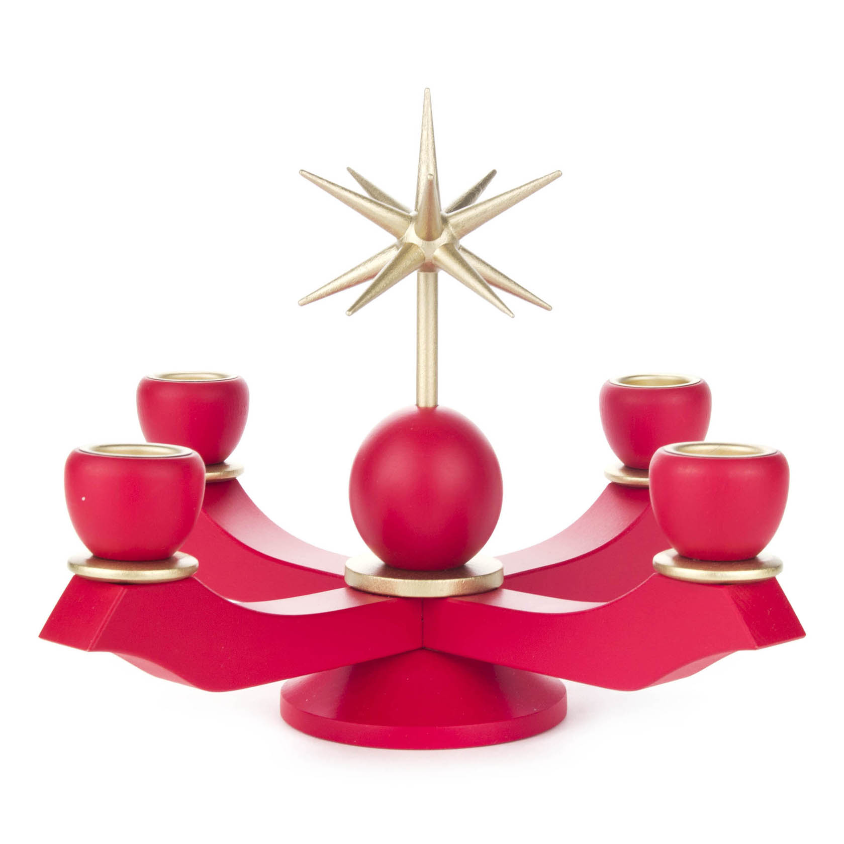 Roter Adventsleuchter mit vier Kerzenhaltern und goldenem Stern in der Mitte, geeignet für Kerzen mit einem Durchmesser von 22mm. im Dregeno Online Shop günstig kaufen