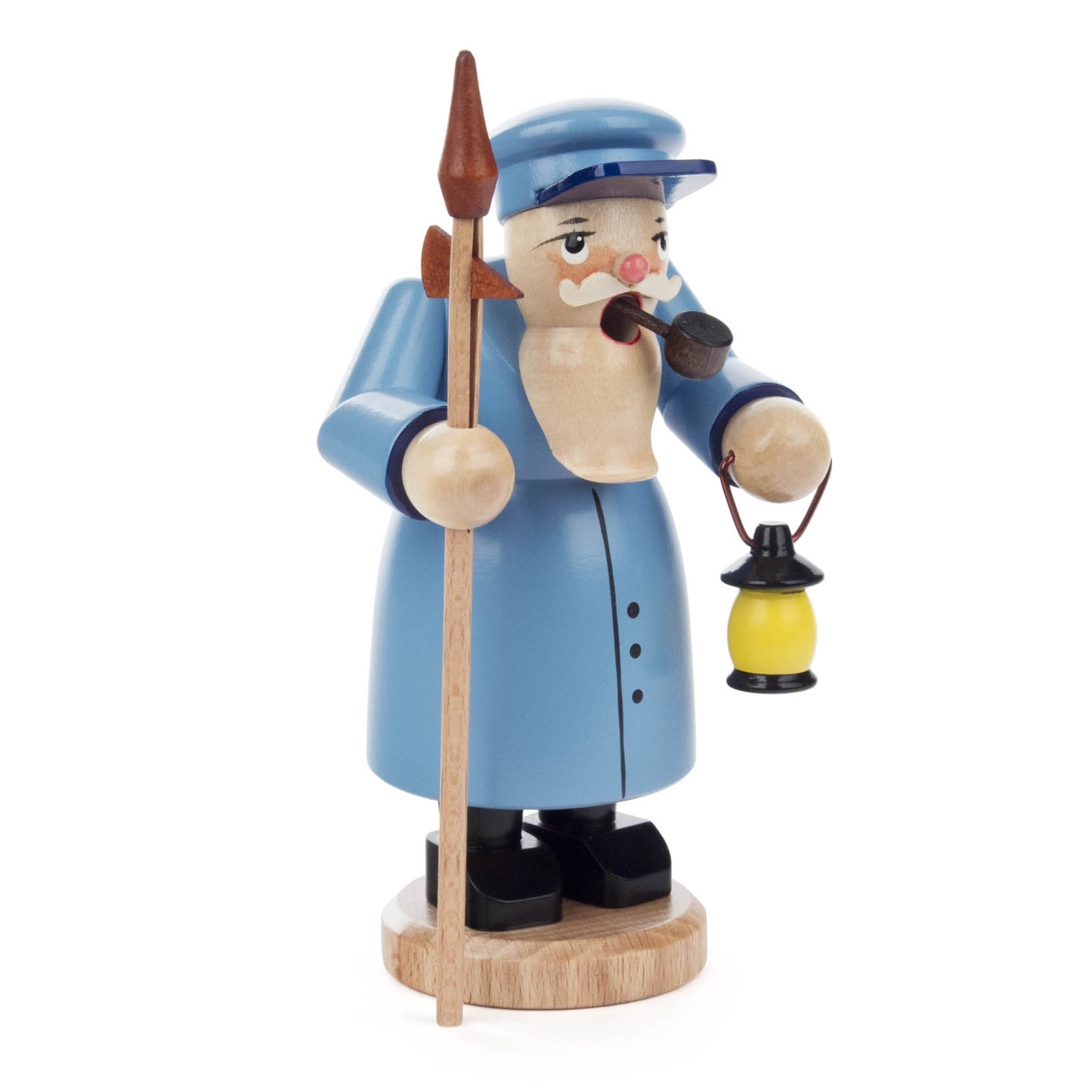 A small wooden smoking figure of a night watchman, dressed in a blue coat and cap, holding a pole with one hand and a lantern with the other.