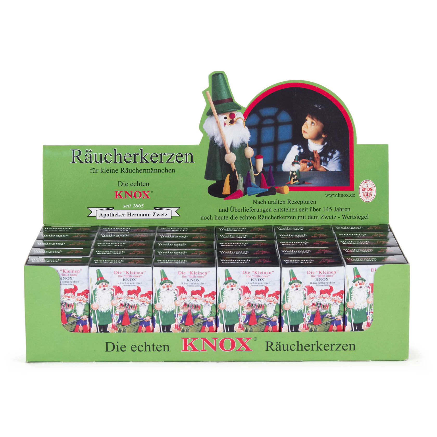Verkaufsdisplay mit 30 Schachteln KNOX Mini-Räucherkerzen, jede Schachtel mit 24 Räucherkerzen, abgebildet mit Weihnachtsmotiven. im Dregeno Online Shop günstig kaufen