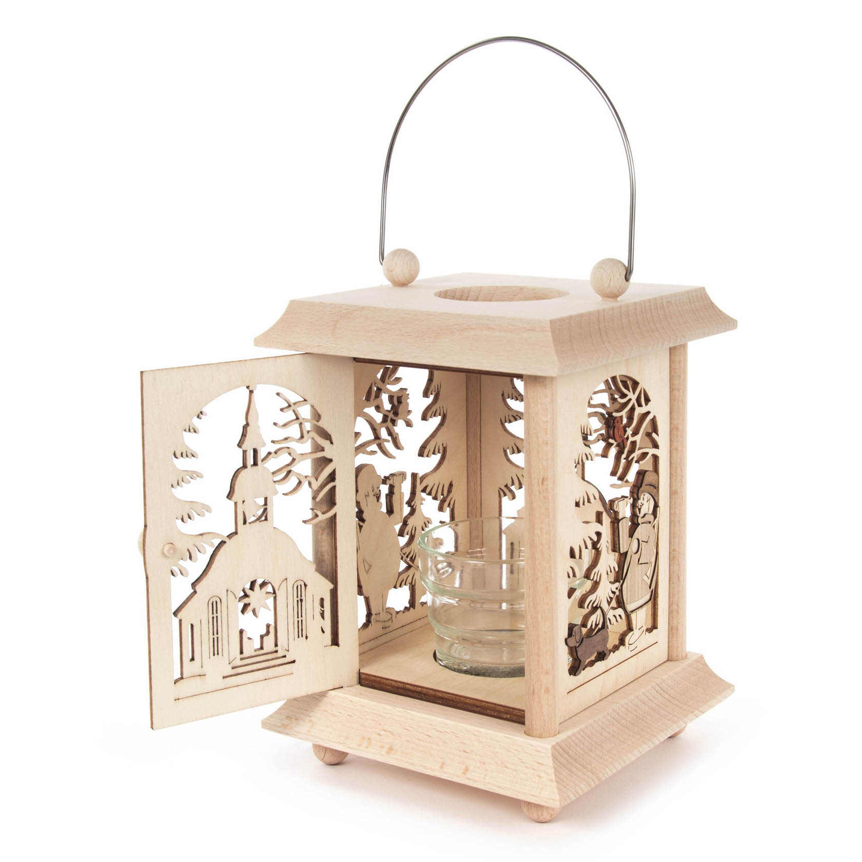Wooden lantern with intricate cut-out designs and a glass insert for a tealight or votive candle. It has an arched handle and a hinged door.