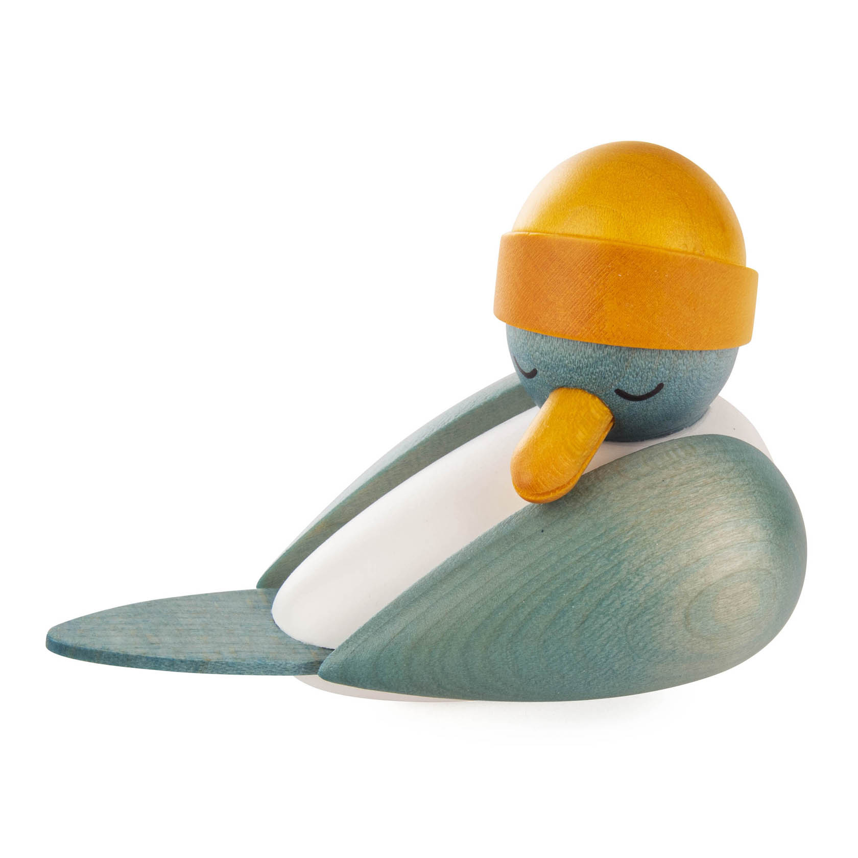 Holzfigur einer schlafenden Sturmmöwe mit blauem Körper und gelbem Schnabel, die einen gelben Südwester trägt. im Dregeno Online Shop günstig kaufen