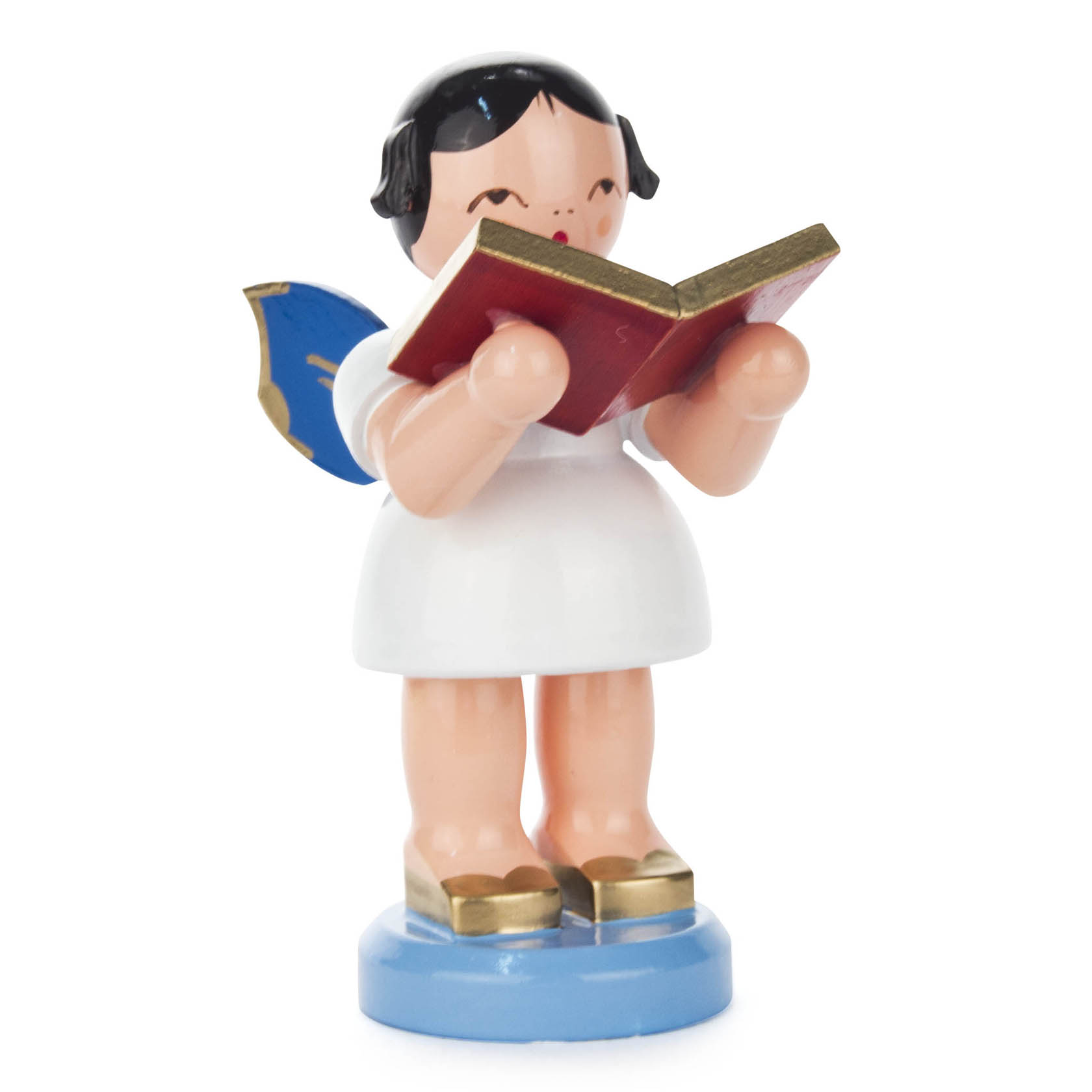 Holzengel mit schwarzen Haaren, blauem Flügel, weißem Kleid und goldenen Schuhen hält ein rotes Buch. im Dregeno Online Shop günstig kaufen