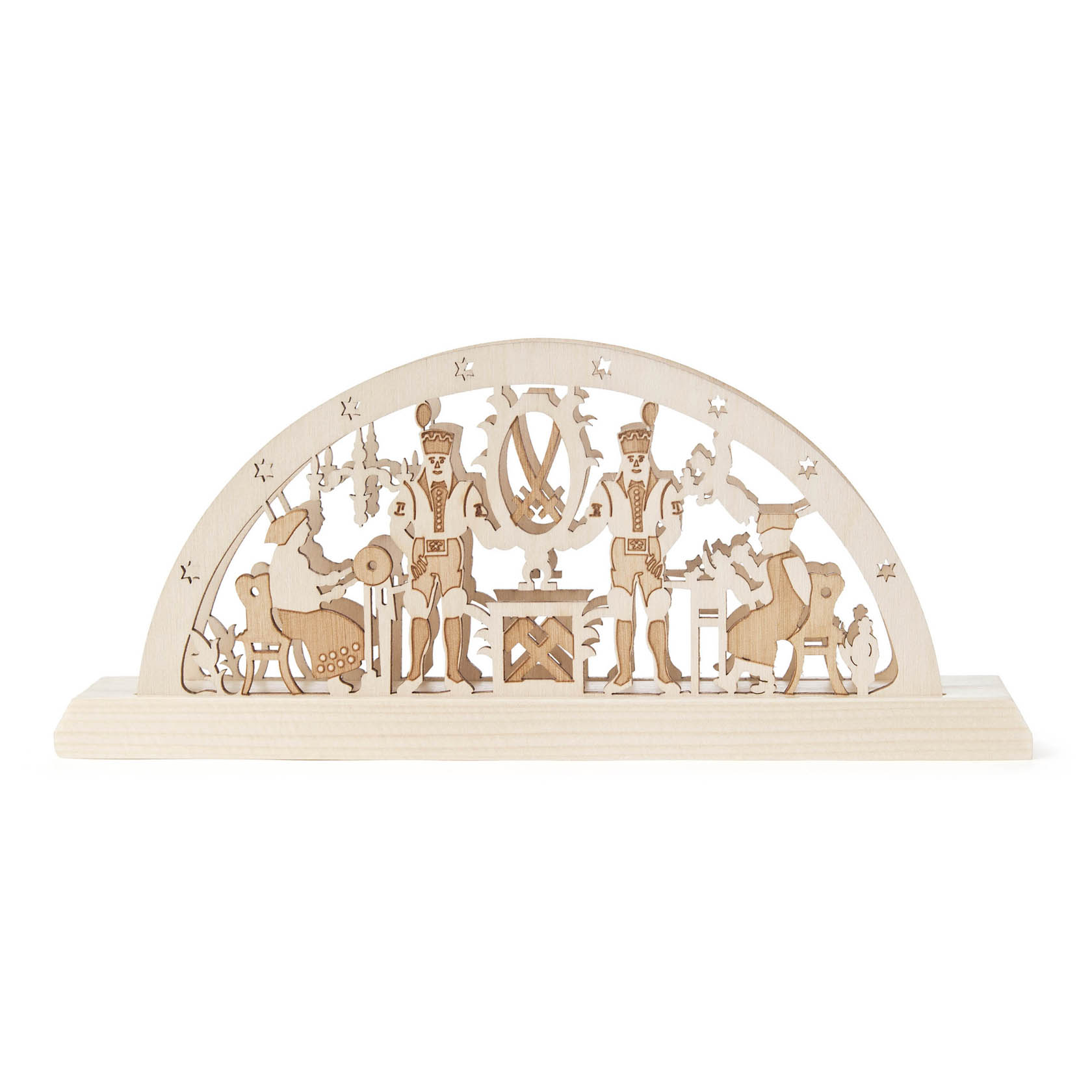 Holz-Serviettenständer mit filigraner Darstellung von Bergleuten in traditioneller Arbeitskleidung, umgeben von Tieren und Sternen. im Dregeno Online Shop günstig kaufen
