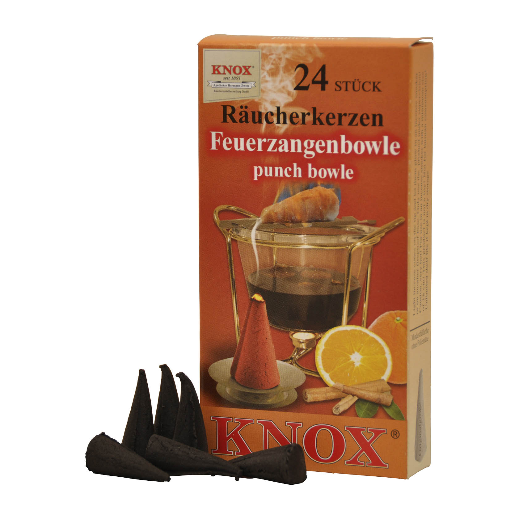 Verpackung von KNOX Räucherkerzen Feuerzangenbowle mit 24 Stück. Auf dem Bild sind violette Räucherkerzen, eine Feuerzangenbowle und Orangenscheiben zu sehen. im Dregeno Online Shop günstig kaufen