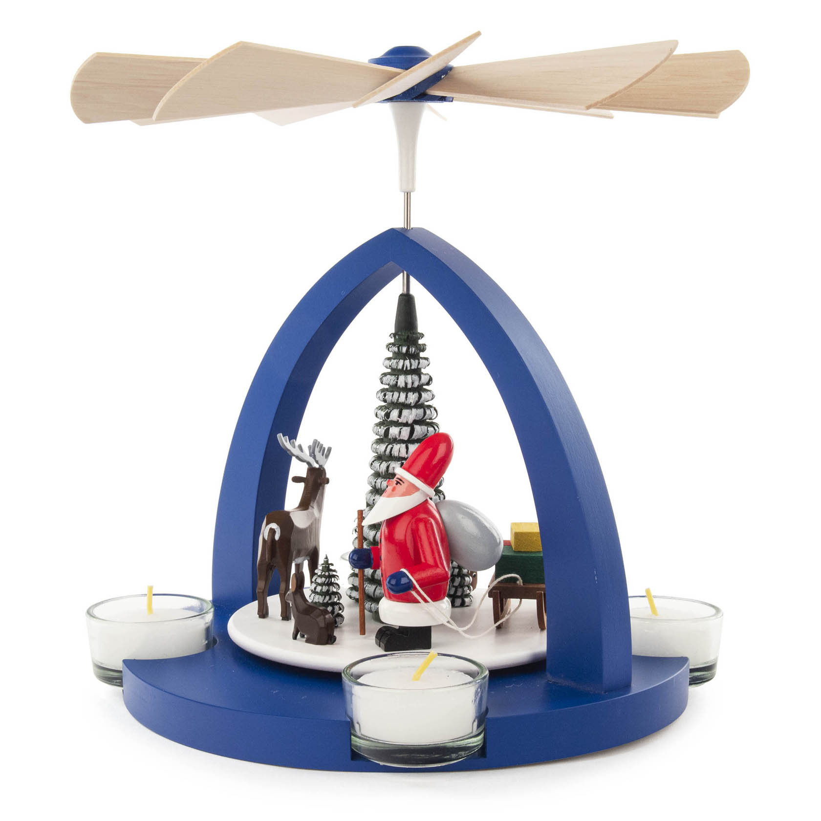 Blaue Weihnachtspyramide mit Weihnachtsmann, Esel, Reh, Bäumen und Kerzenhaltern für Teelichte.