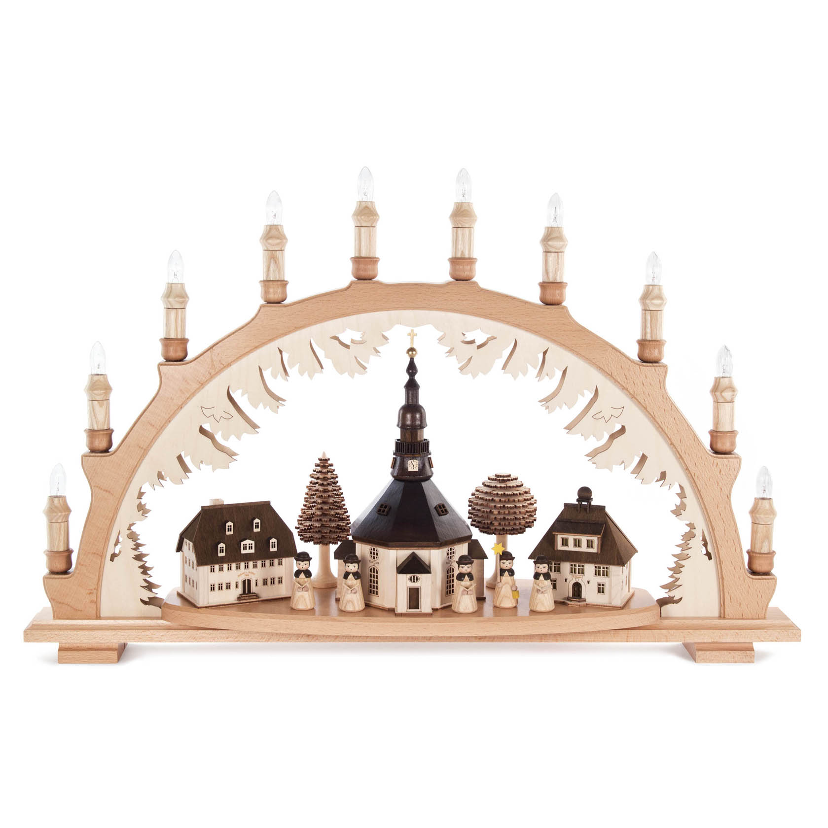 Elektrisch beleuchteter Schwibbogen mit Kurrende Figuren und Seiffener Dorf, beleuchtete Gebäude und Bogen. im Dregeno Online Shop günstig kaufen