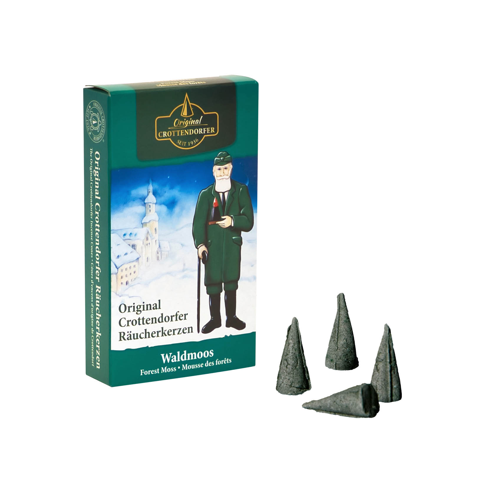 Eine Packung Crottendorfer Räucherkerzen der Sorte Waldmoos, mit einem älteren Mann in traditioneller grüner Kleidung auf der Verpackung. Einige grüne konische Räucherkerzen mit Rauch. im Dregeno Online Shop günstig kaufen