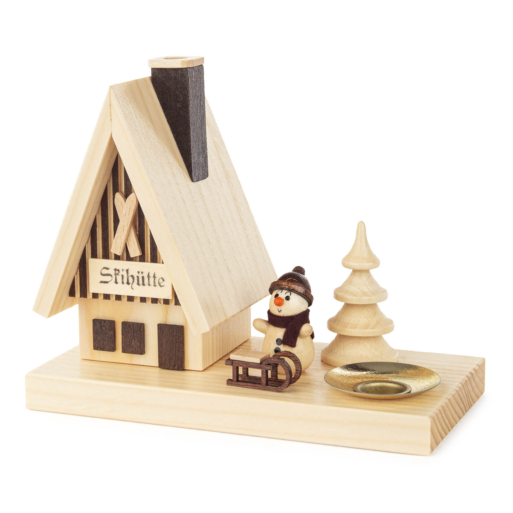 Räucherhaus Skihütte mit Schneemann und Kerzenhalter für Kerze d=14mm
