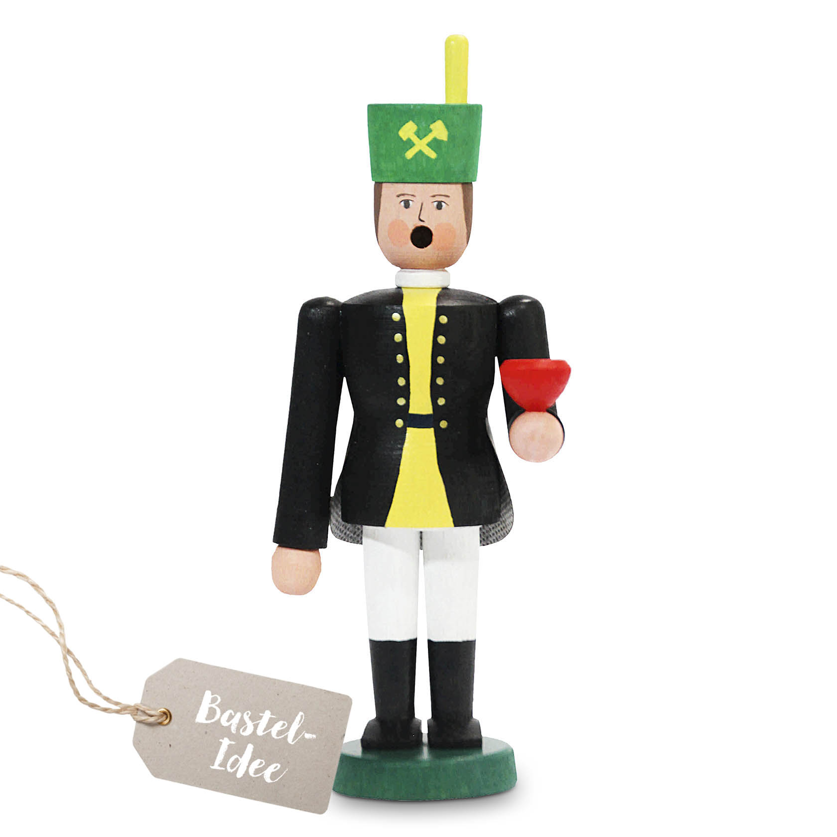 Holzfigur eines Bergmanns als Räuchermännchen, mit schwarzer Uniform, grünem Hut und gelbem Dekor, hält einen roten Gegenstand in der Hand. im Dregeno Online Shop günstig kaufen
