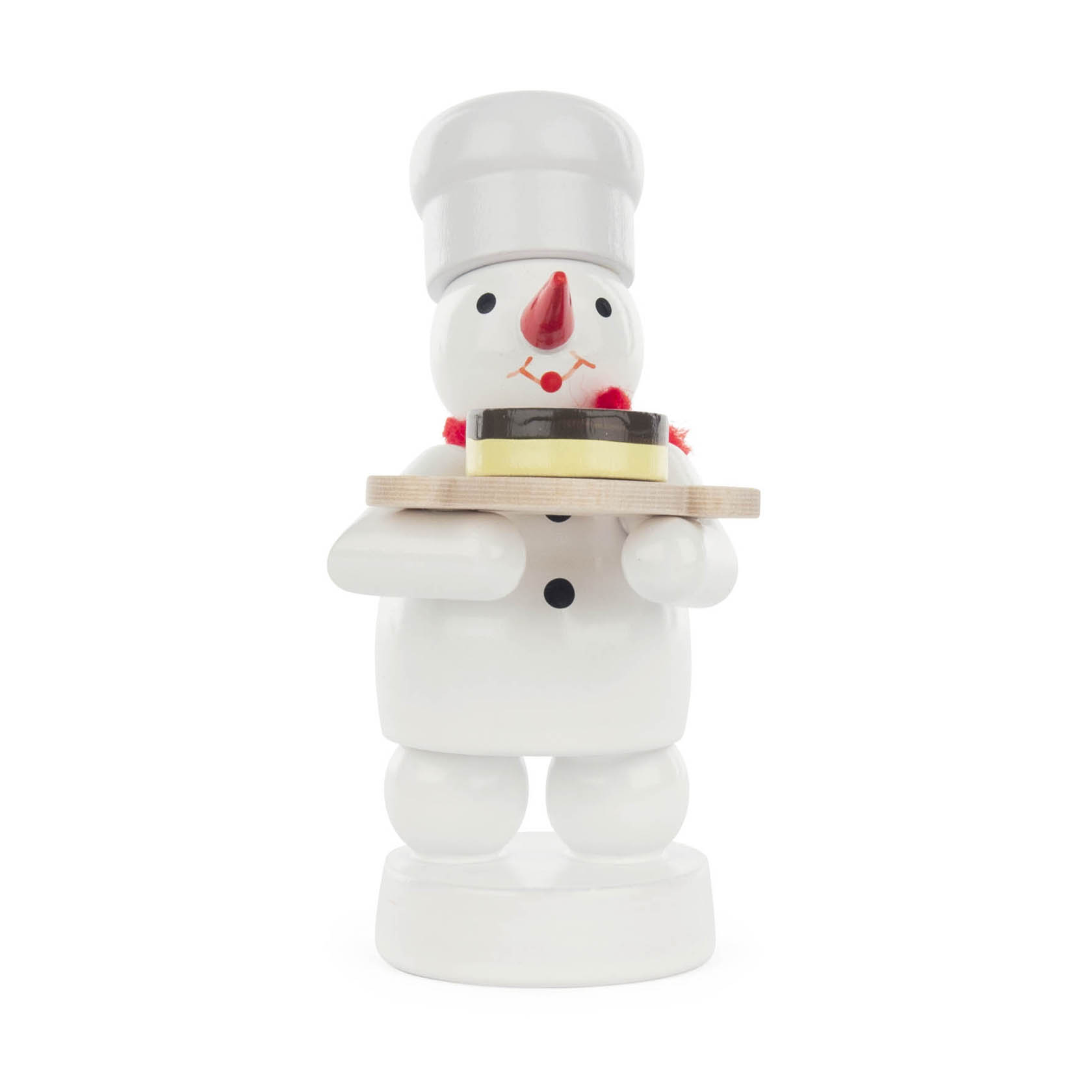 Ein Schneemann in Bäckeroutfit mit einer weißen Mütze hält eine Torte auf einem Tablett. Die Torte ist mit roten Beeren dekoriert. im Dregeno Online Shop günstig kaufen
