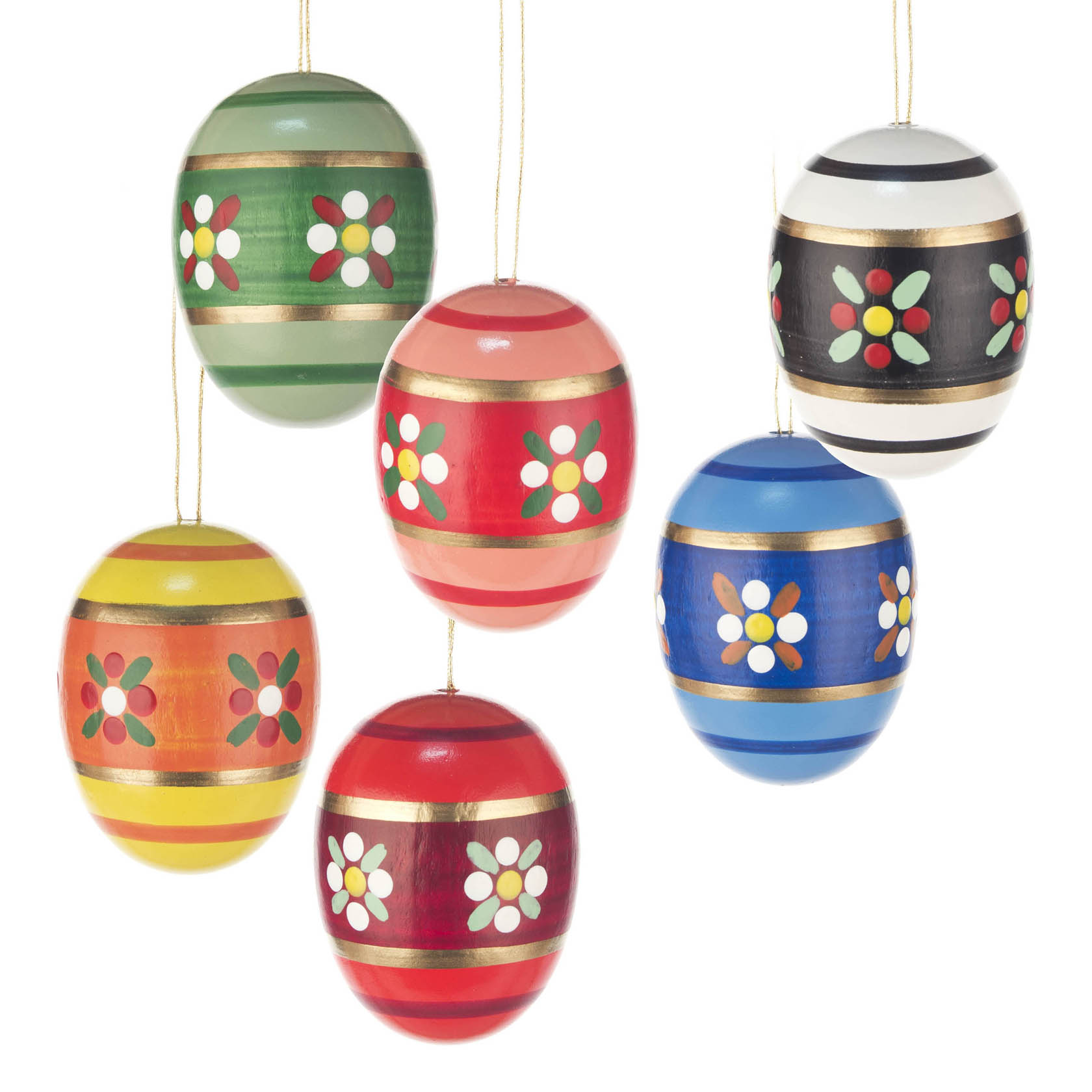 Sechs bunt bemalte Ostereier mit Blumenmustern hängen an Schnüren. im Dregeno Online Shop günstig kaufen
