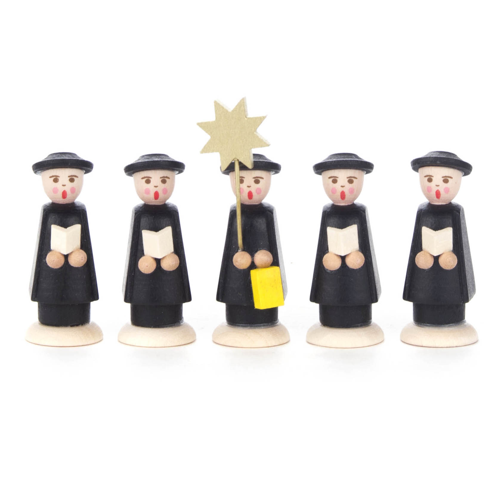 Fünf Kurrendefiguren in schwarzer Kleidung, mit roten Wangen, halten Gesangsbücher. Eine Figur hält zusätzlich einen Sternenstab. im Dregeno Online Shop günstig kaufen