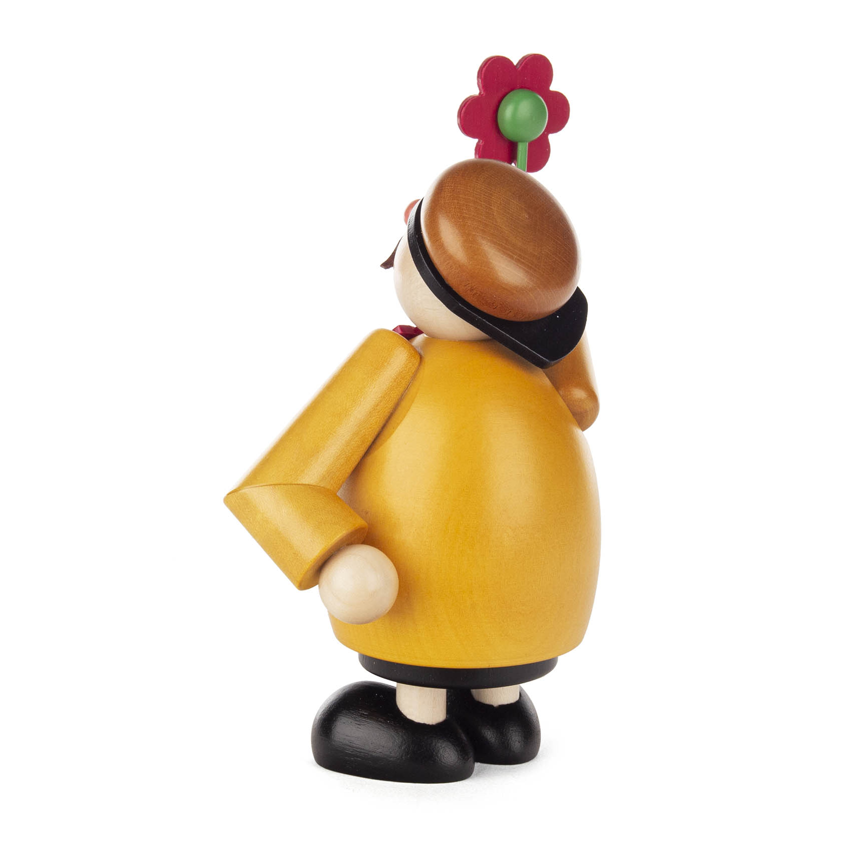 Colorful wooden incense figure of a congratulator, featuring a yellow coat, black hat, and a red flower attached to the hat.