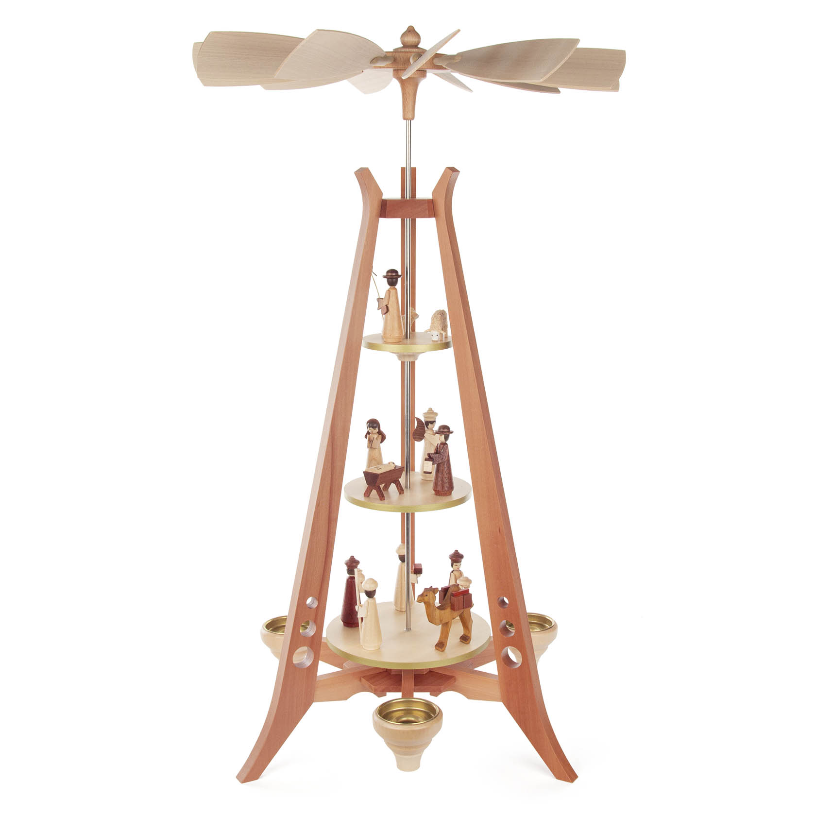 Dreistöckige Weihnachtspyramide aus Holz im Mid-Century-Modern-Stil, mit Figuren der Weihnachtsgeschichte, Teelichthaltern und Platz für 14mm Kerzen. im Dregeno Online Shop günstig kaufen