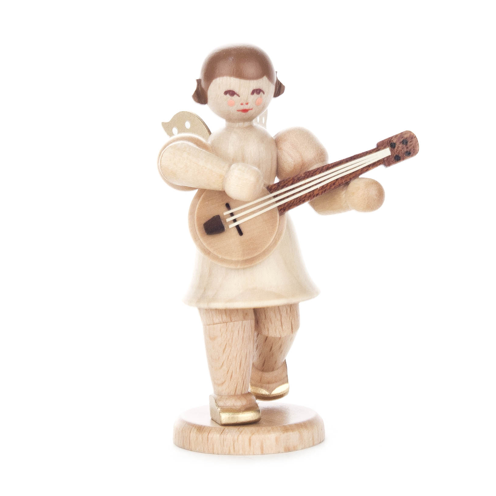 Holzfigur eines Engels mit braunem Haar und goldenem Heiligenschein, spielt ein Banjo, trägt ein kurzes weißes Kleid und goldene Schuhe. im Dregeno Online Shop günstig kaufen