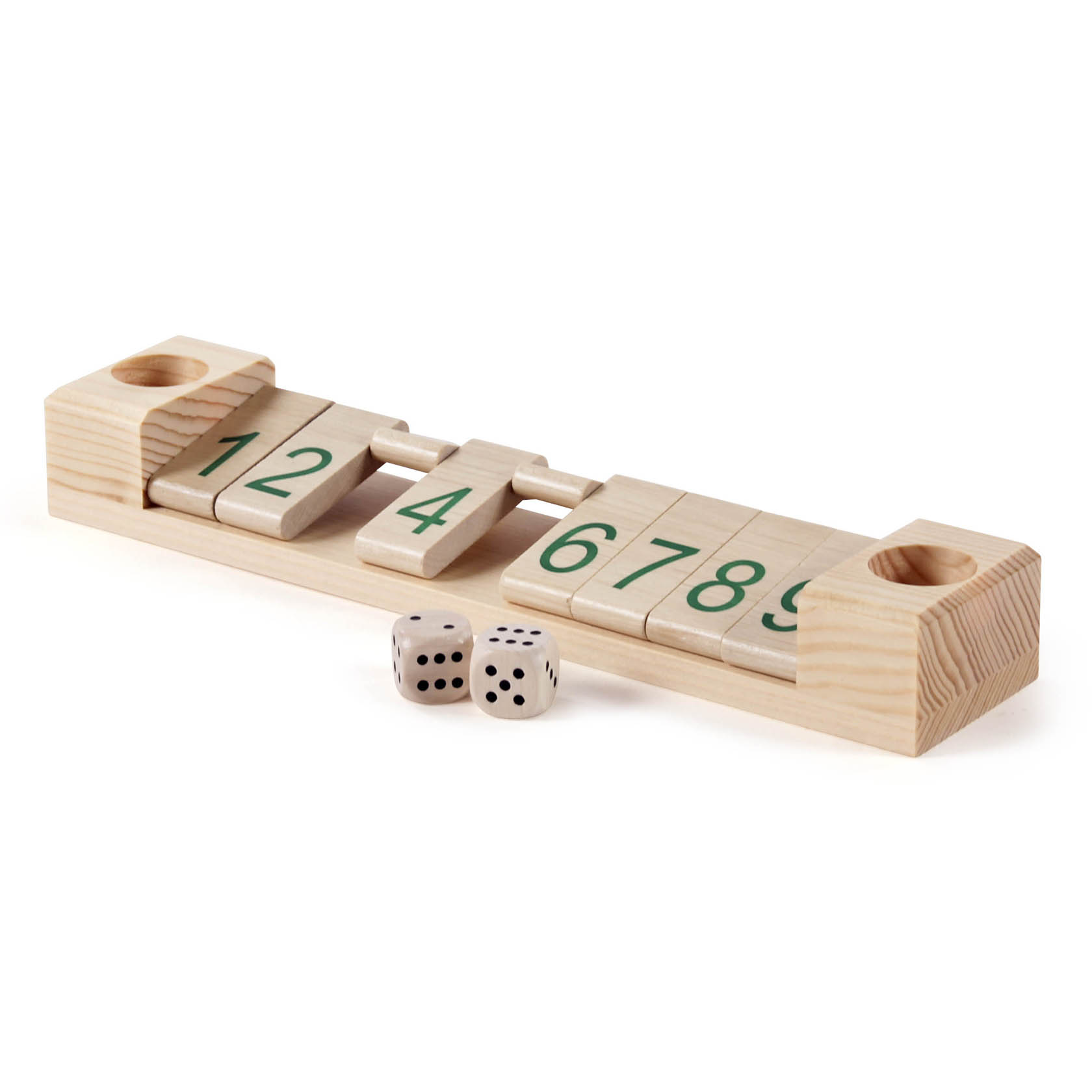 Holzadditionsspiel mit umklappbaren Zahlenplättchen von 1 bis 9. Zwei weiße, sechsteitige Würfel mit schwarzen Augen liegen davor. im Dregeno Online Shop günstig kaufen