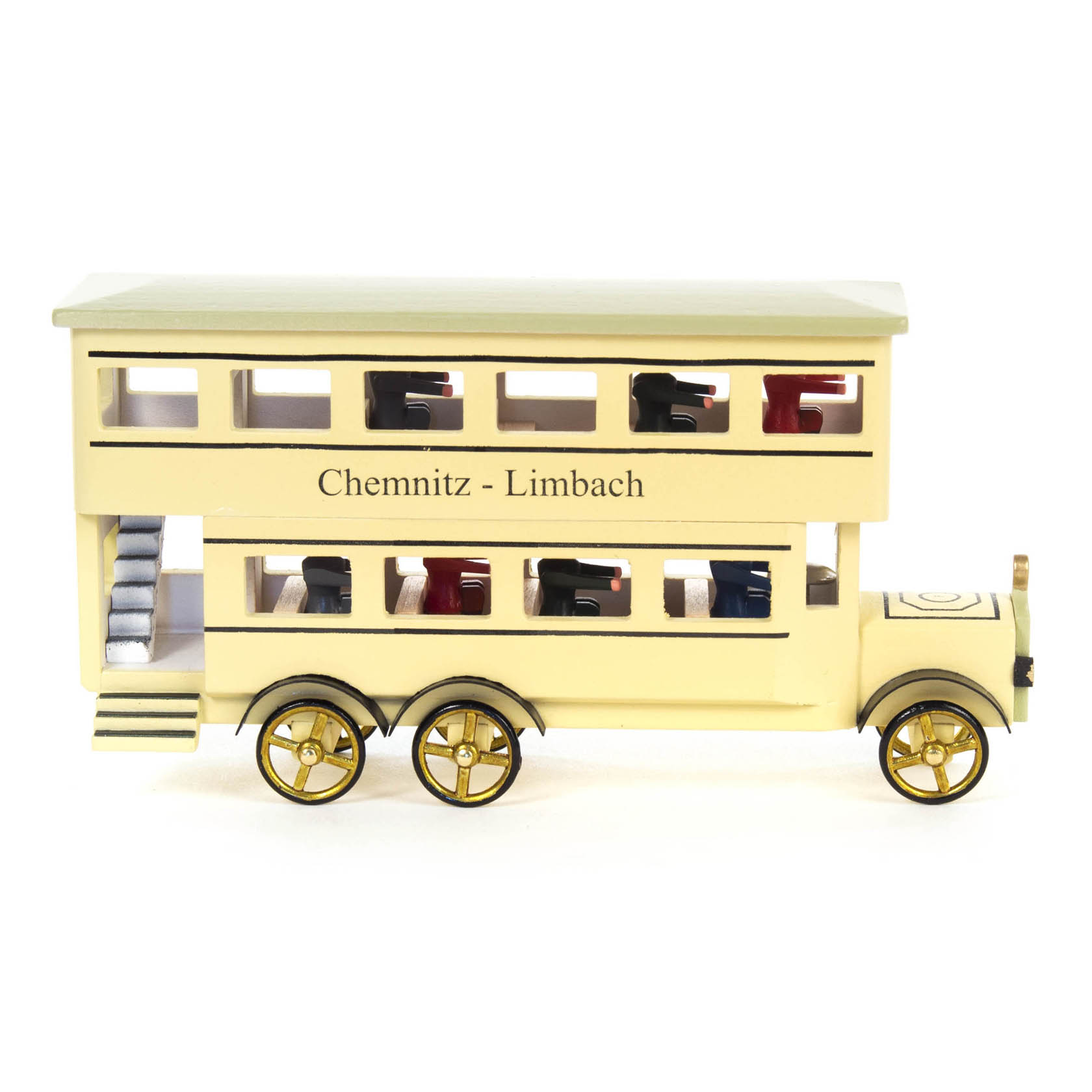Ein cremefarbener Miniatur Doppeldeckerbus mit goldenen Rädern und der Aufschrift 'Chemnitz - Limbach' an der Seite.