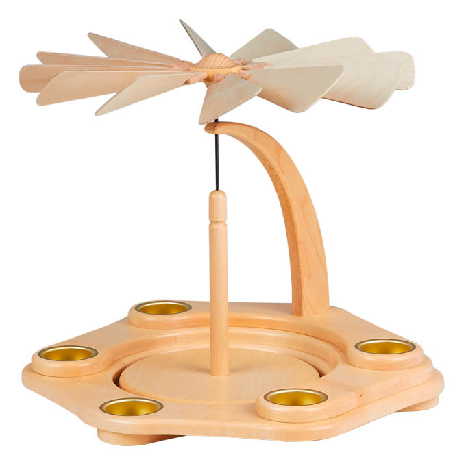 Holzpyramide mit sechs flachen Teelichthaltern und einem großen Propeller oben; die Pyramide ist leer und aus hellem Holz gefertigt. im Dregeno Online Shop günstig kaufen