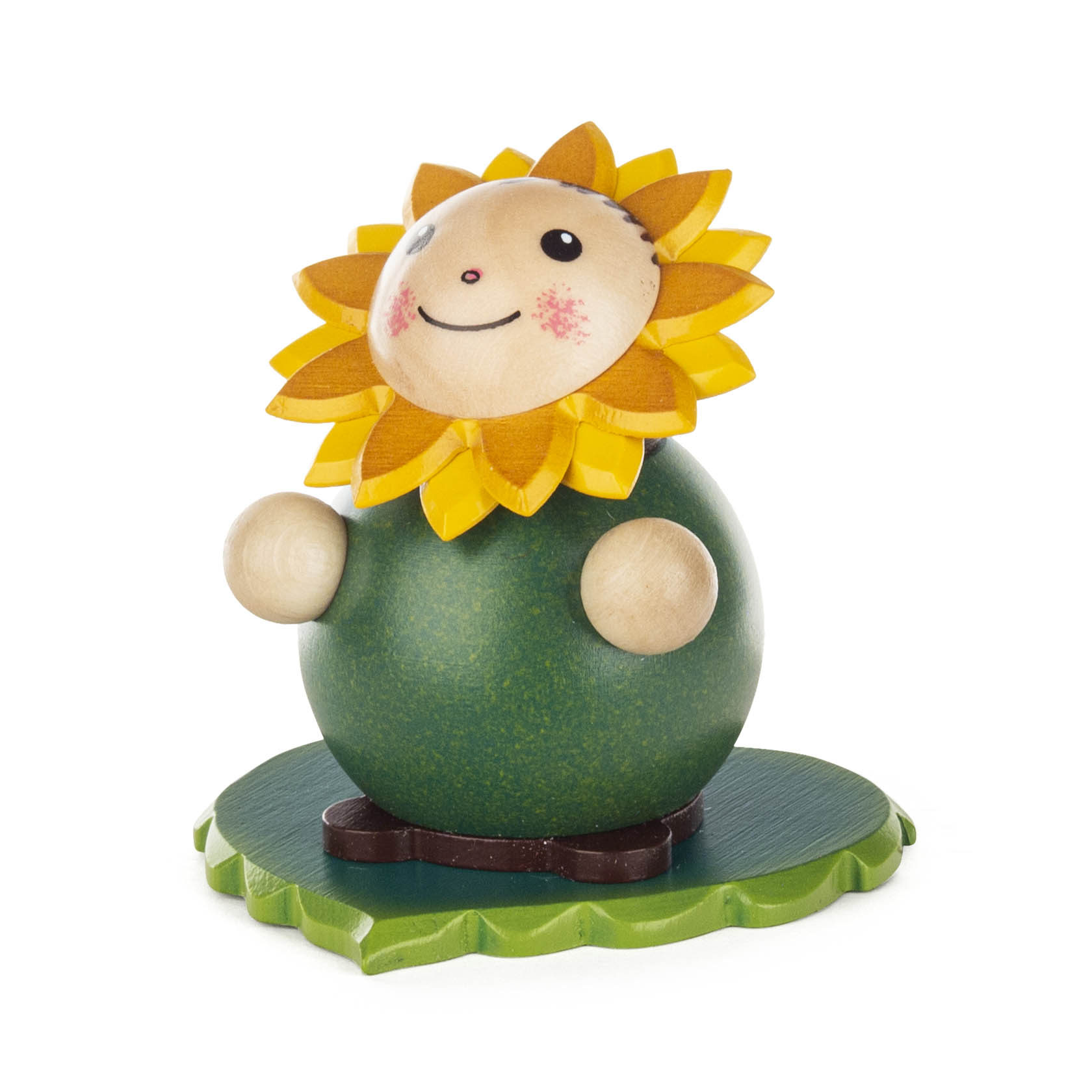 Holzfigur mit grünem Körper und einem Kopf in Form einer lächelnden Sonnenblume mit gelben Blütenblättern auf einer grünen Basis. im Dregeno Online Shop günstig kaufen