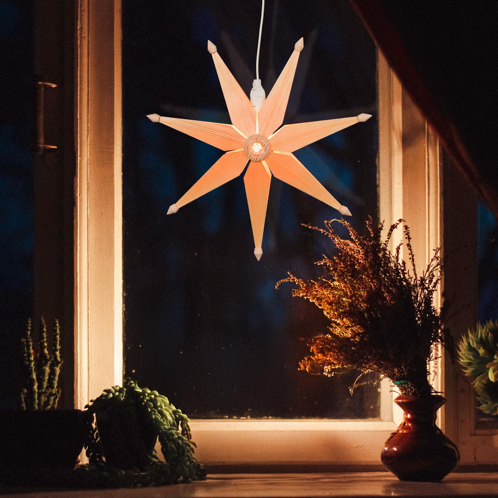 A lit up, simple natural star-shaped Christmas light hangs in a window at night. There's a potted plant to the right of the window sill.