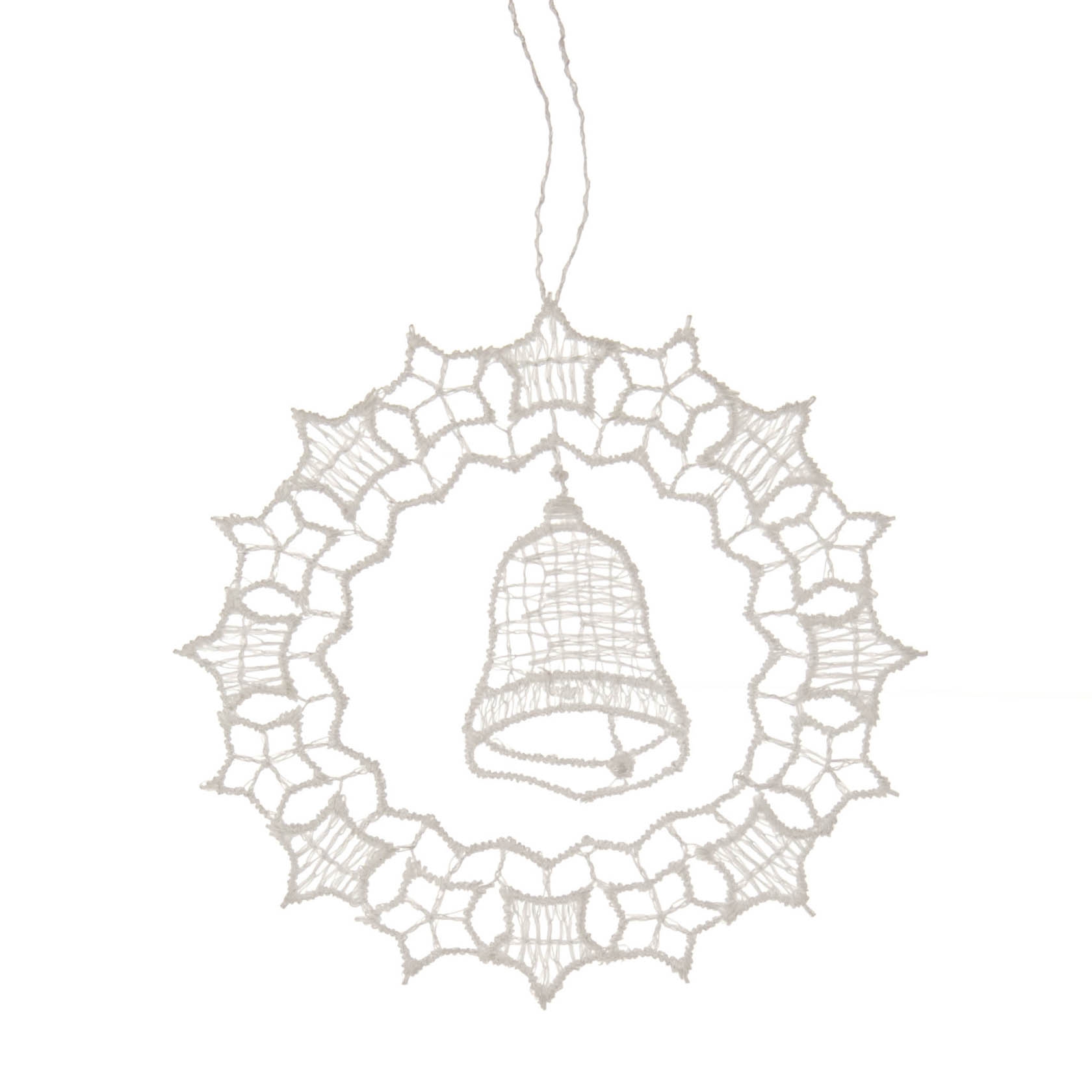Weiße Spitzenkugel mit integrierter Spitze-Glocke, gefertigt aus Plauener Spitze, zum Aufhängen. im Dregeno Online Shop günstig kaufen