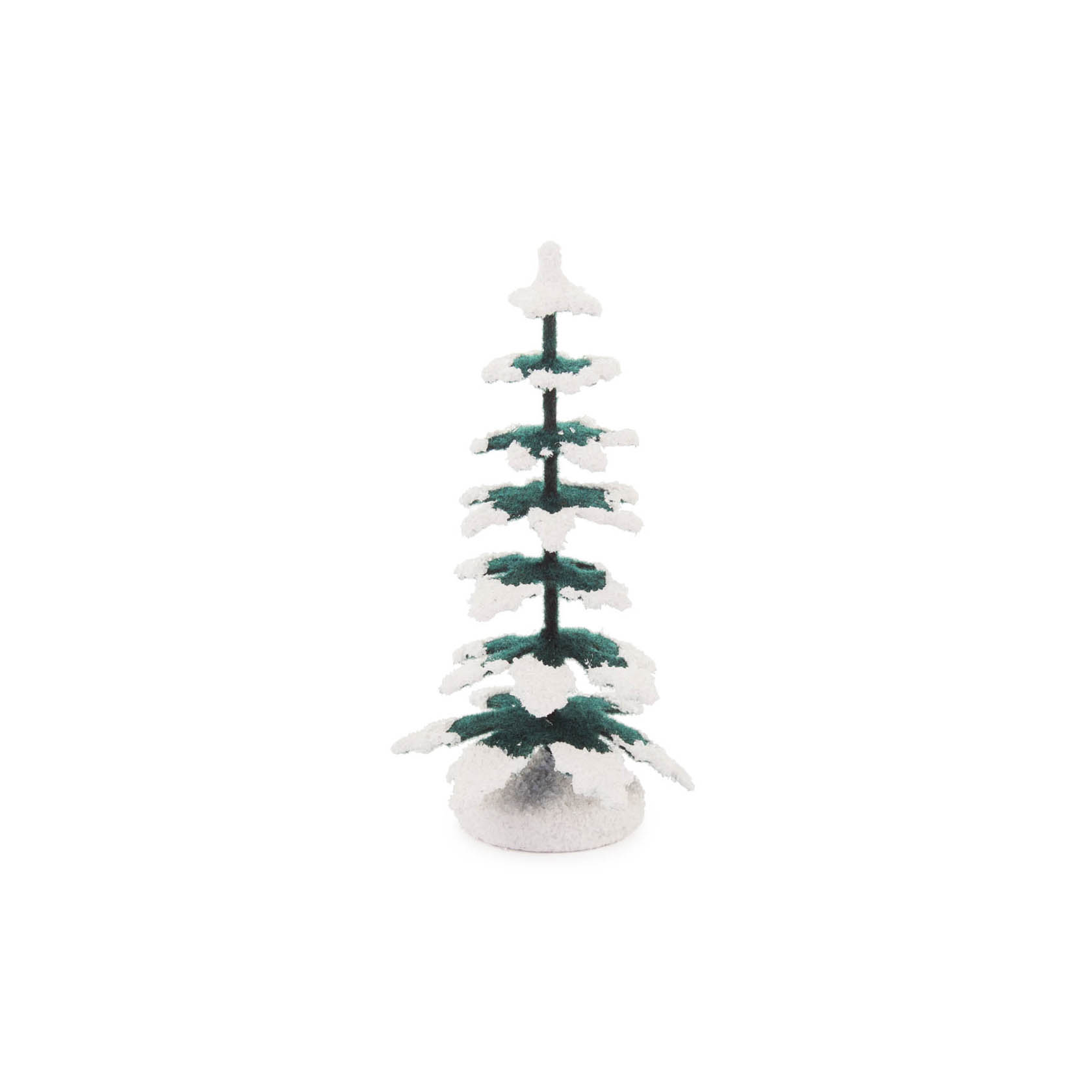 Kleiner, schneebedeckter Modellbau-Fichtenbaum, 9 cm hoch, mit dunkelgrünen Nadeln und weißen Spitzen. im Dregeno Online Shop günstig kaufen