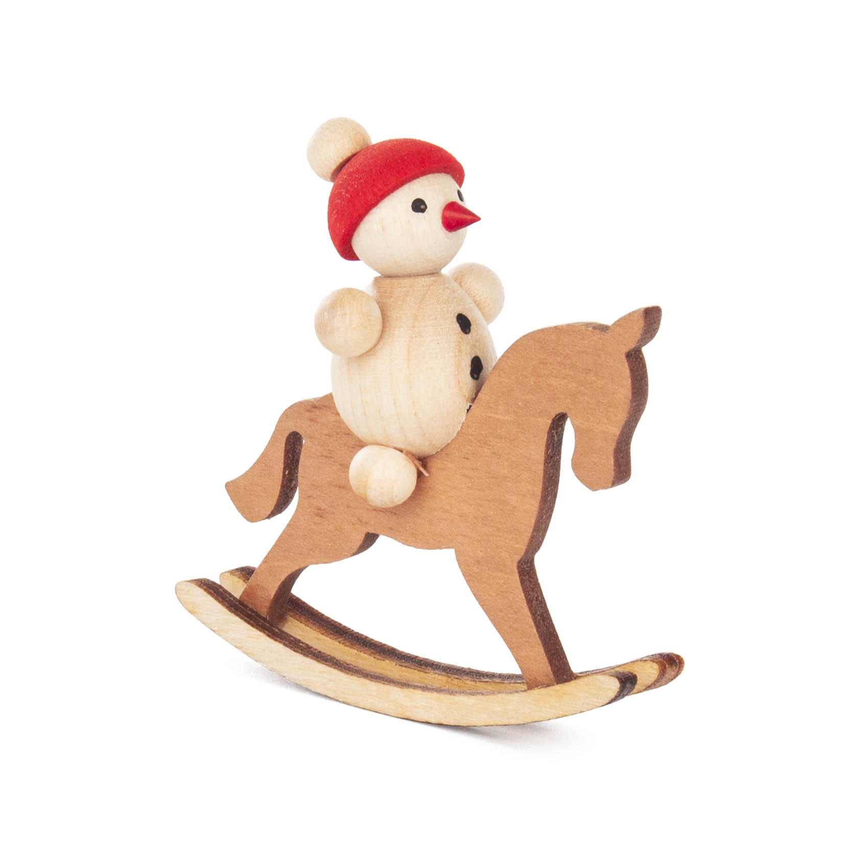 Holz-Schaukelpferd mit einem kleinen Schneemannkind mit rotem Hut, der auf dem Pferd sitzt. im Dregeno Online Shop günstig kaufen