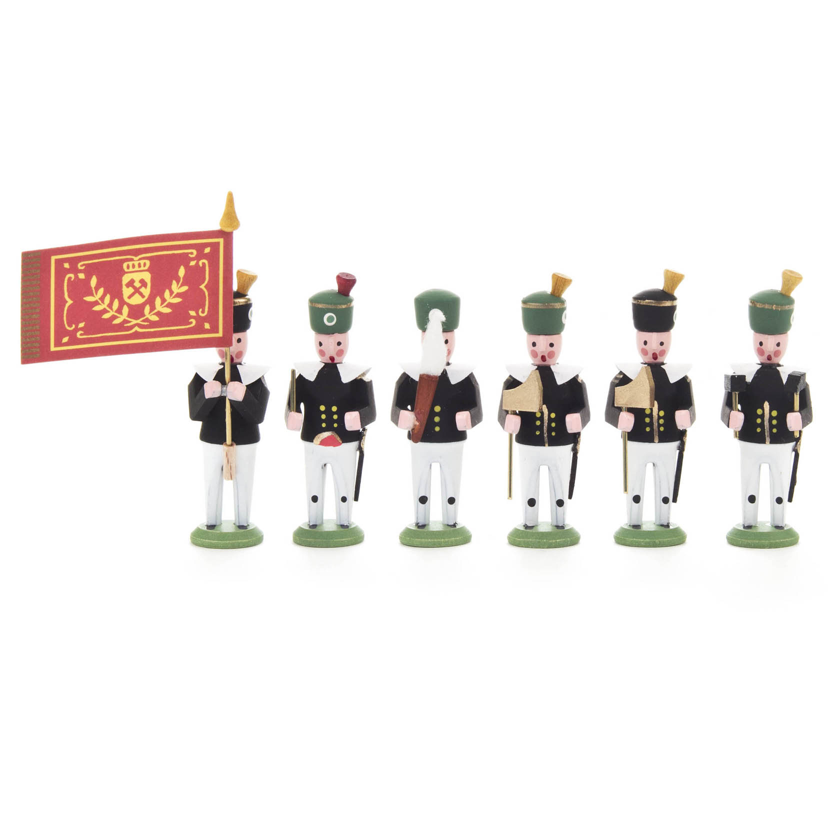 Sechs traditionelle Bergmannsfiguren: Fahnenträger, Dirigent mit Stab, Fackelträger und drei Bergleute in Uniform mit grünen Mützen. im Dregeno Online Shop günstig kaufen